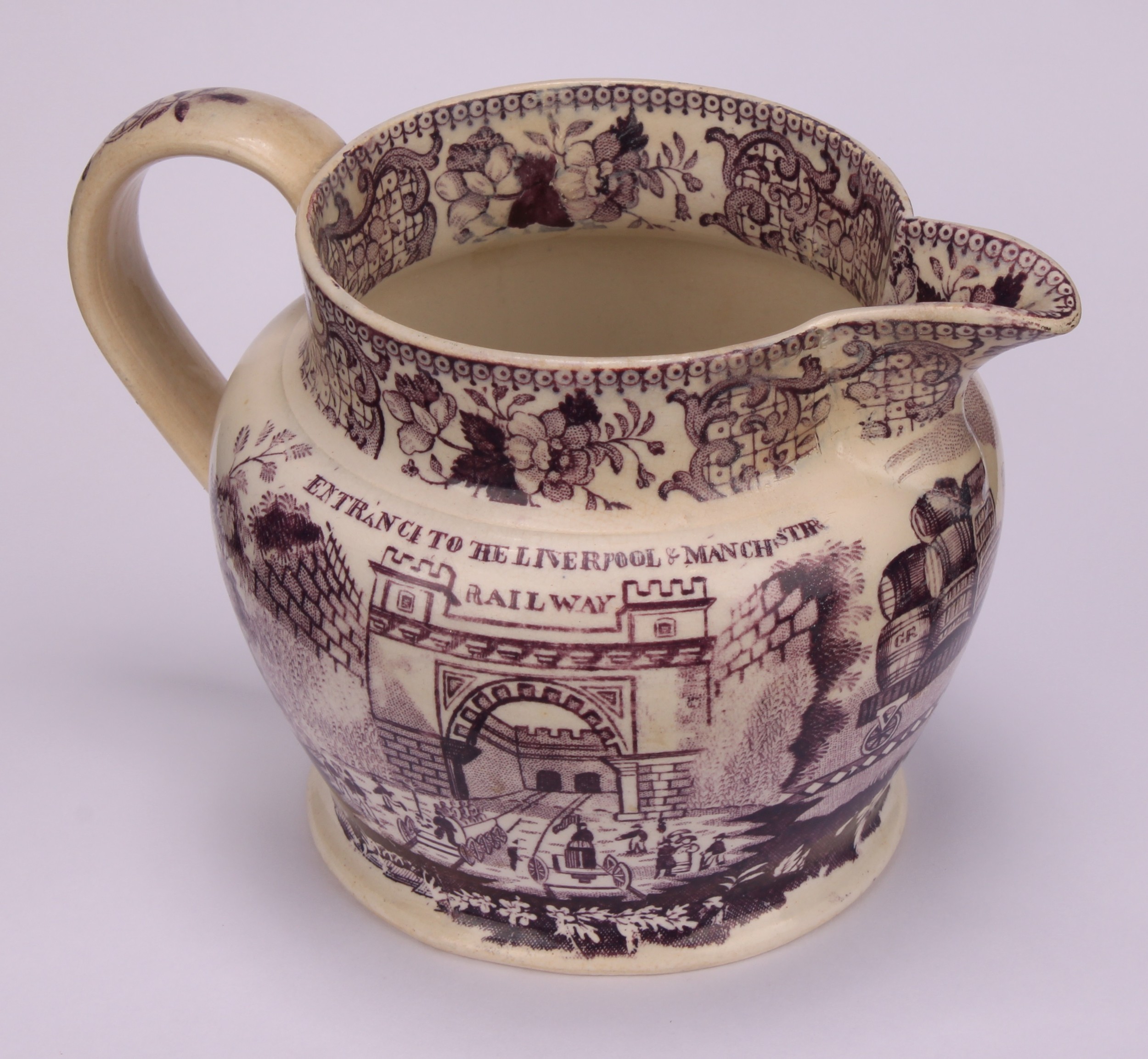 A Liverpool pearlware jug, bat printed in puce with The Entrance To The Manchester to Liverpool - Image 3 of 5