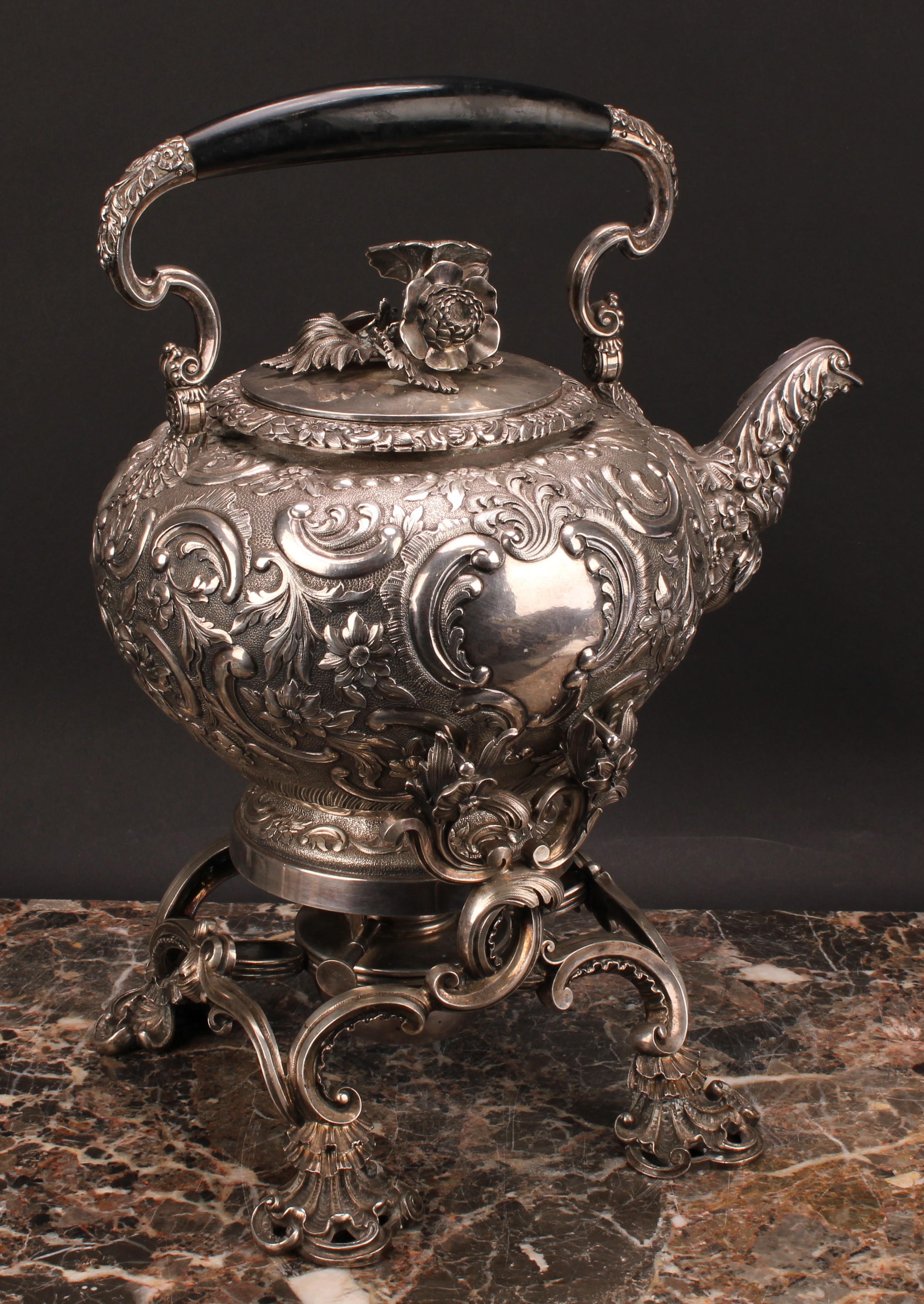 A large French Rococo Revival silver plated spirit kettle, burner and stand, profusely chased with - Image 3 of 5