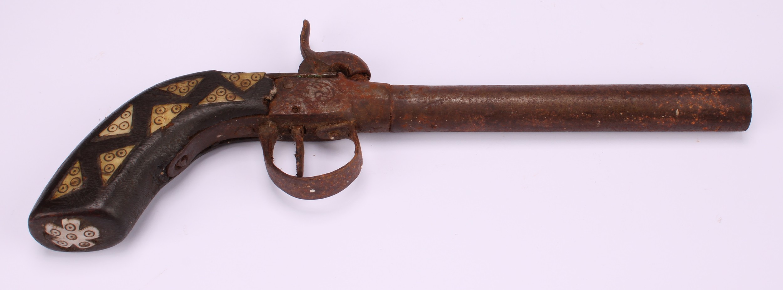 A 19th century percussion belt pistol, 13.5cm octagonal barrel, integral ramrod, chequered grip, - Image 9 of 10