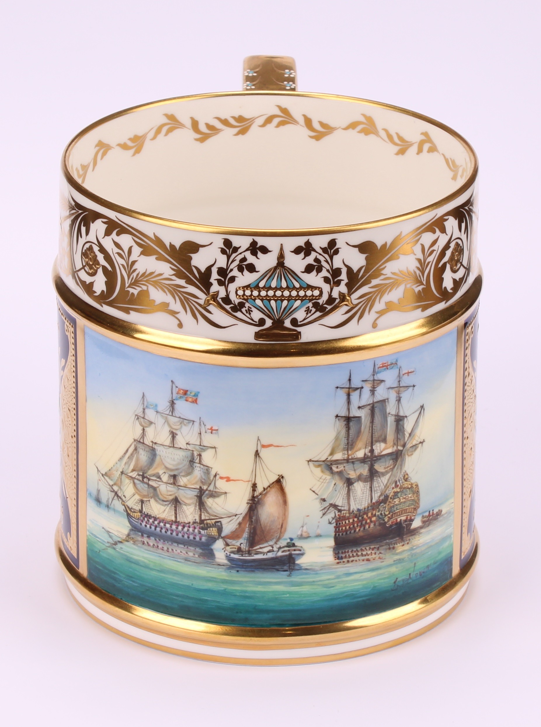 A Lynton porter mug, painted by Stefan Nowacki, signed, with sailing ships on a calm sea, the border - Image 4 of 6