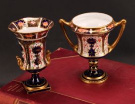 A Royal Crown Derby 1128 Imari pattern campana shaped two-handled octagonal vase, of slender form,