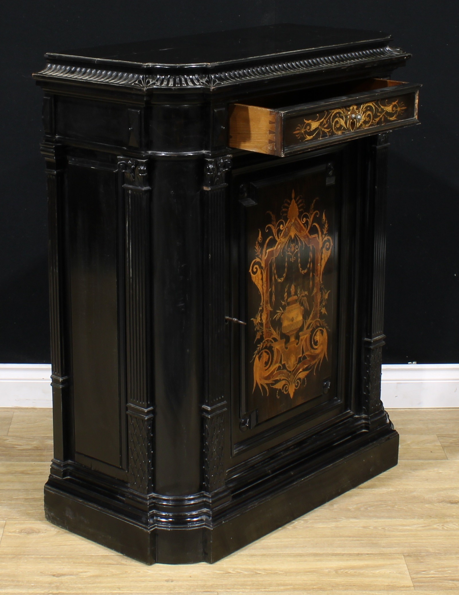 A pair of 19th century Continental ebonised and marquetry pier cabinets, each with a concave moulded - Image 5 of 12