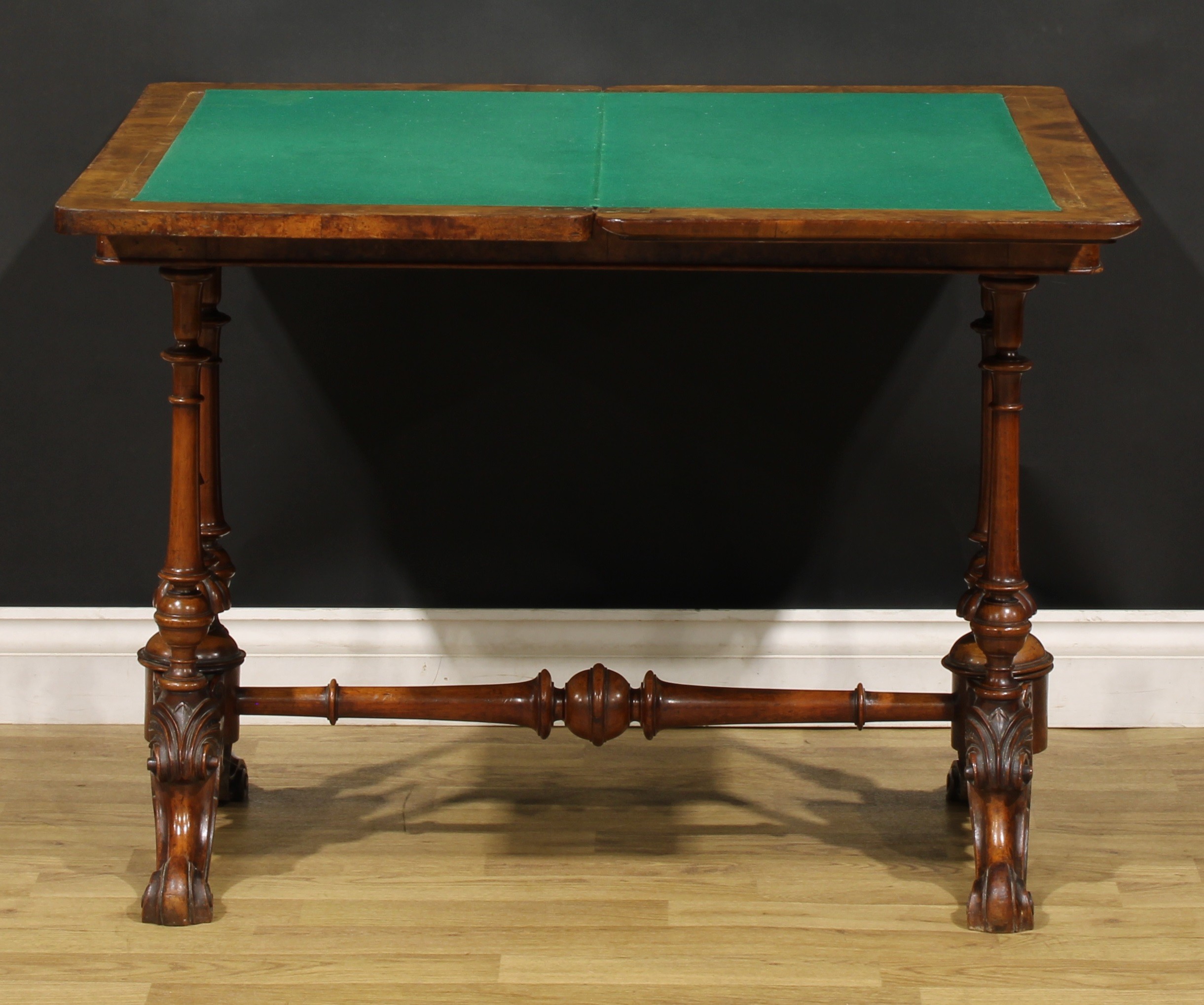 A Victorian amboyna banded walnut and Tunbridge ware card table, hinged top enclosing a baize - Image 3 of 6