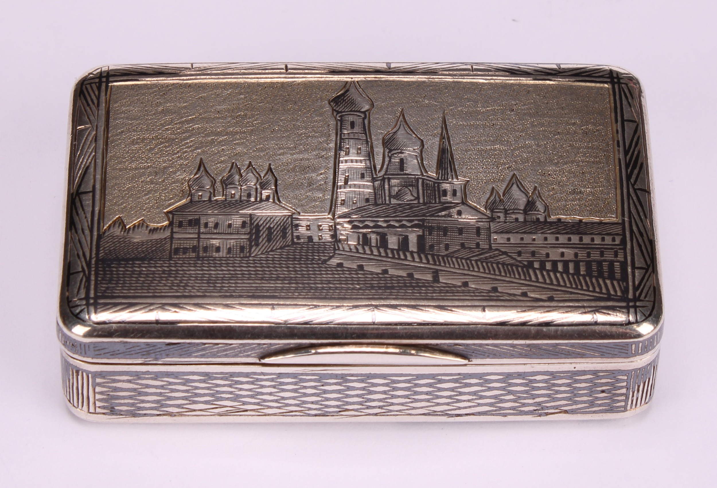 A 19th century Russian silver and enamel rectangular snuff box, decorated with topographical scenes, - Image 2 of 5