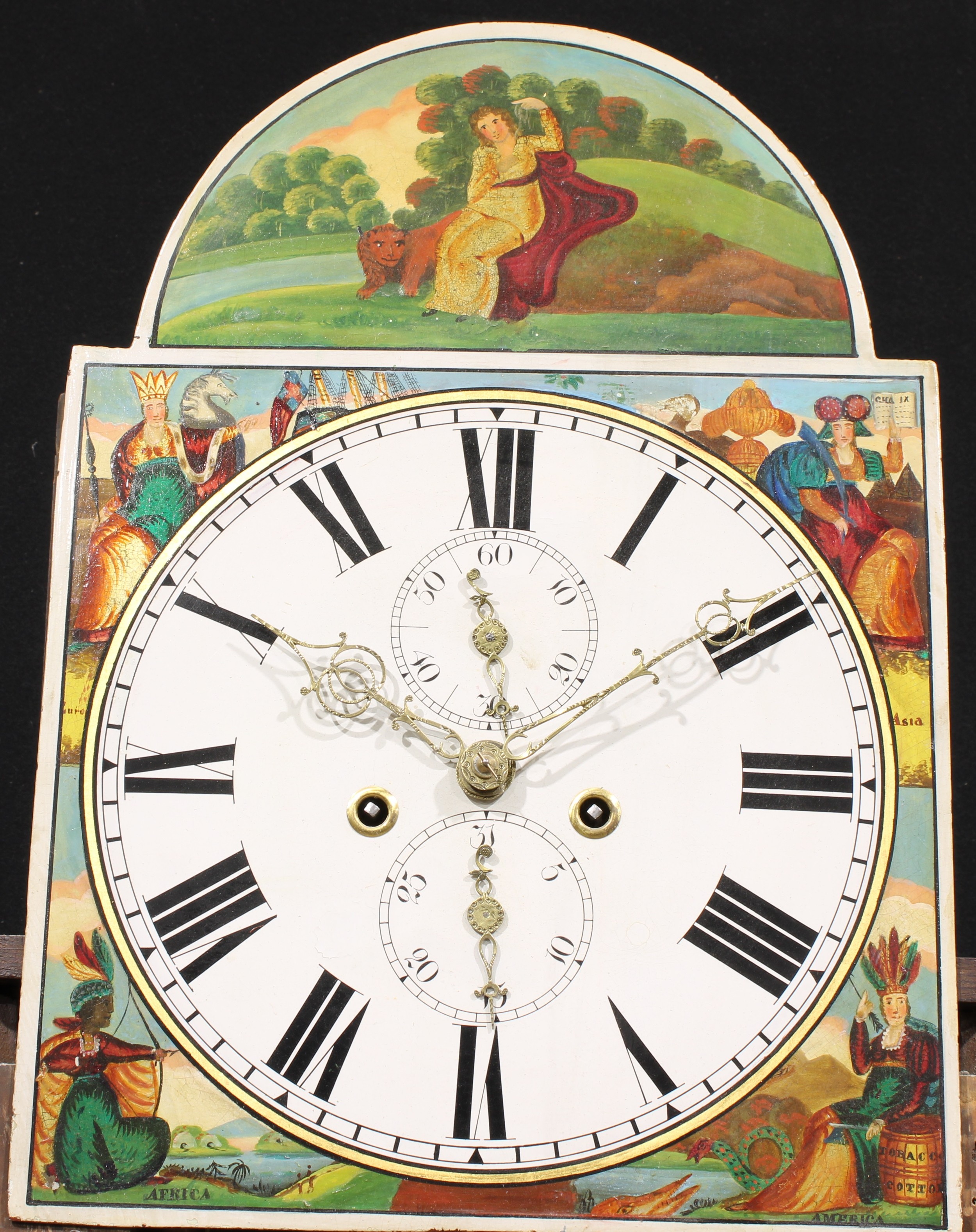 A George III/IV longcase clock, 32cm arched painted dial, decorated with allegories of the four - Image 4 of 6