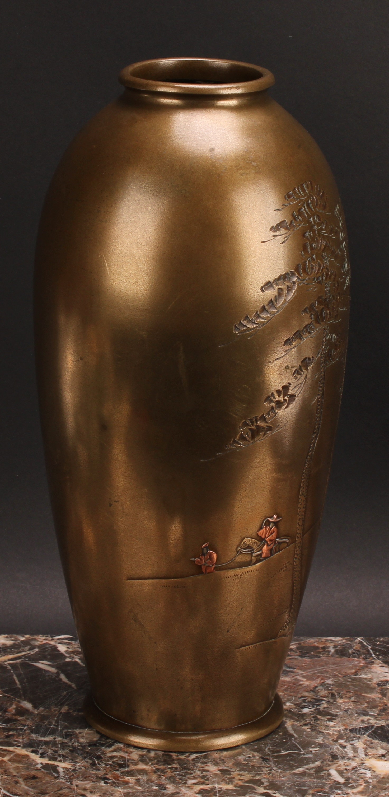 Miura Chikusen (1854 - 1915), a Japanese bronze vase, decorated with figures by trees, 30.5cm high - Image 2 of 3