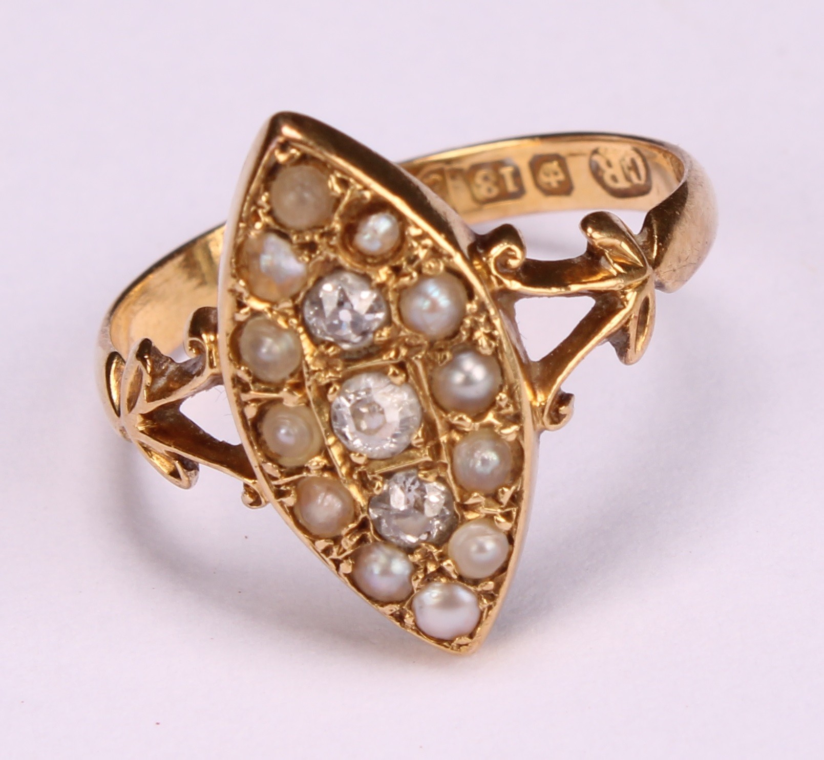 A diamond, seed pearl and 18ct gold navette shaped ring, set with three diamonds within 12 seed - Image 4 of 4