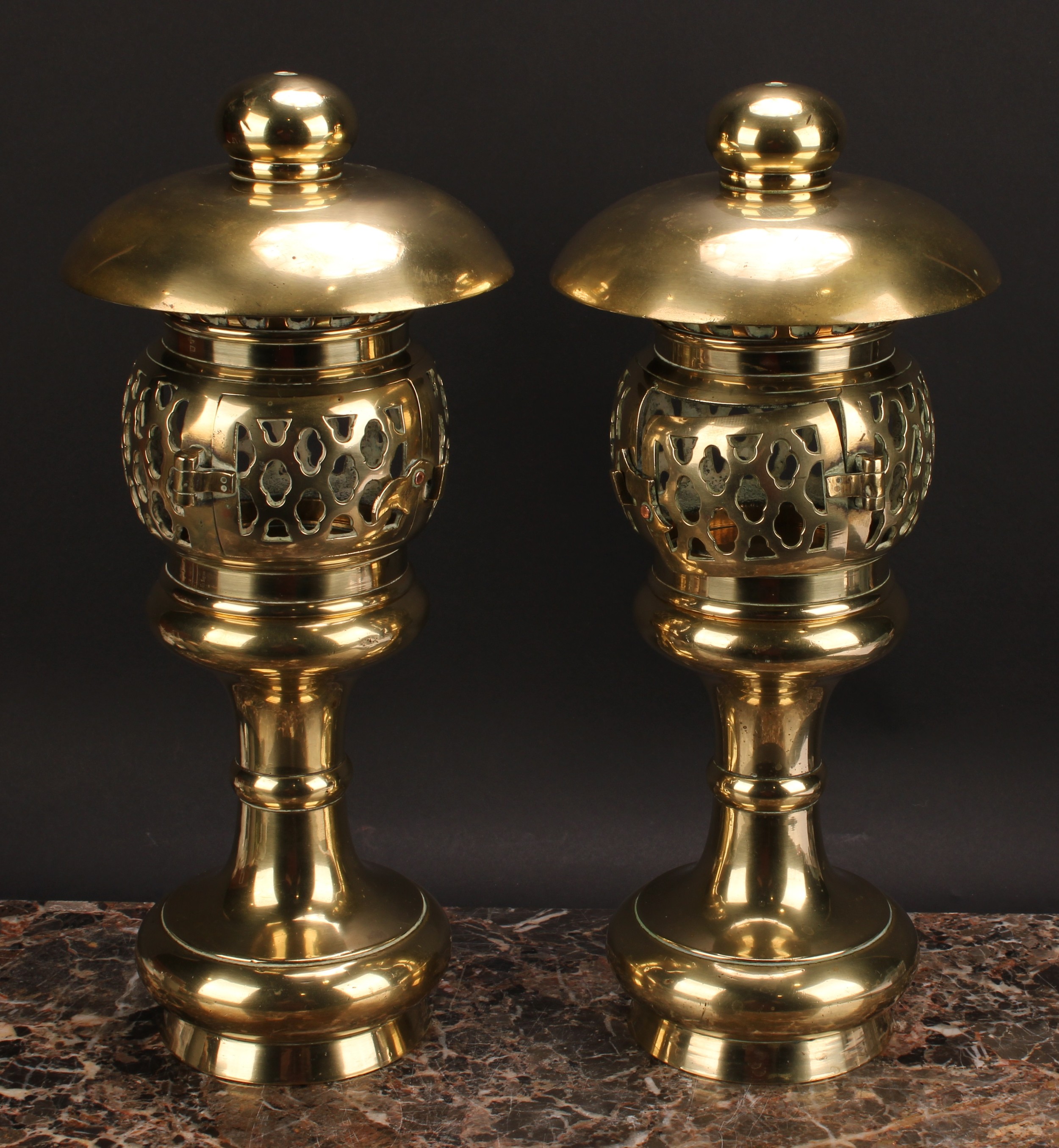 A pair of 19th century brass pagoda temple lamps, each with domed oversailing canopy above a pierced - Image 2 of 4