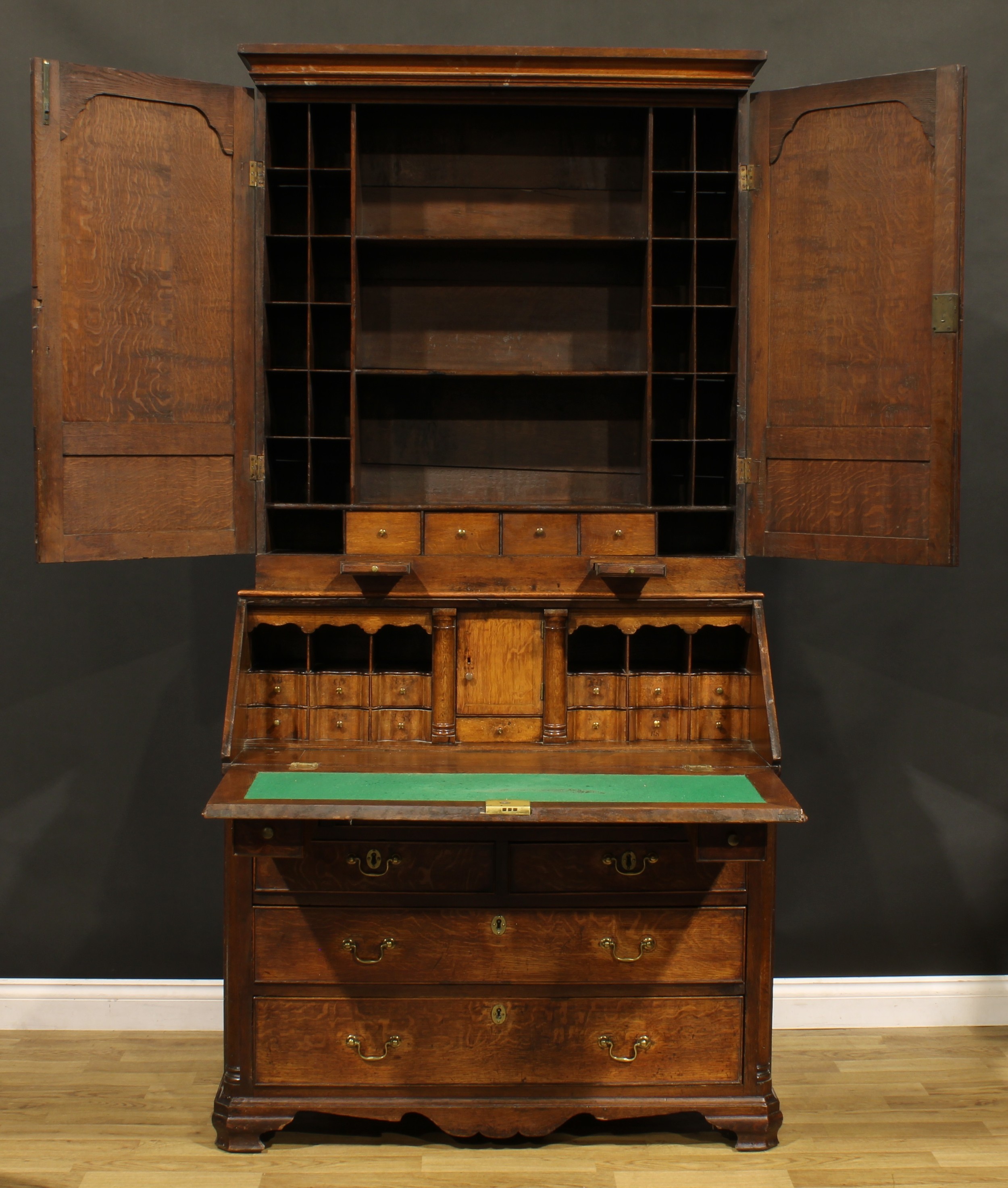 A George III oak estate office enclosed bureau bookcase, moulded cornice above a pair of raised - Image 2 of 5