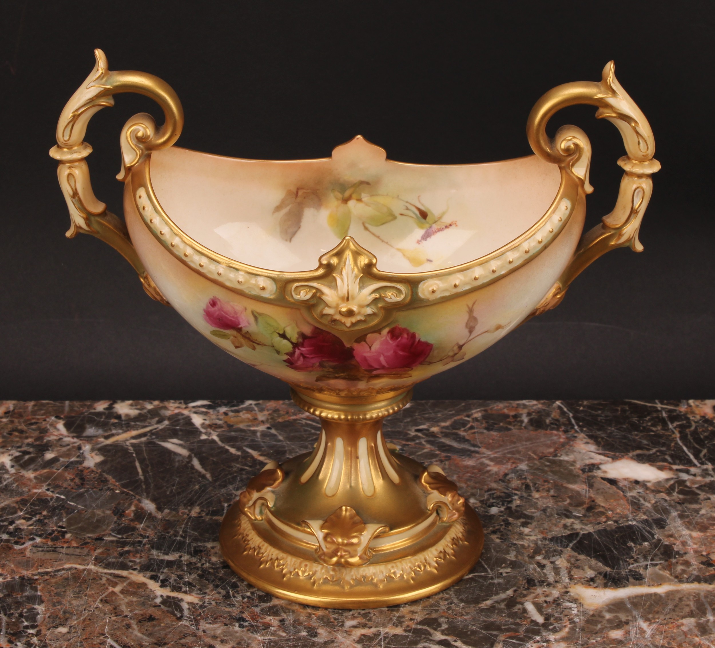 A Royal Worcester boat shaped pedestal vase, painted by K Austin, signed, with roses, on a blush - Image 2 of 6