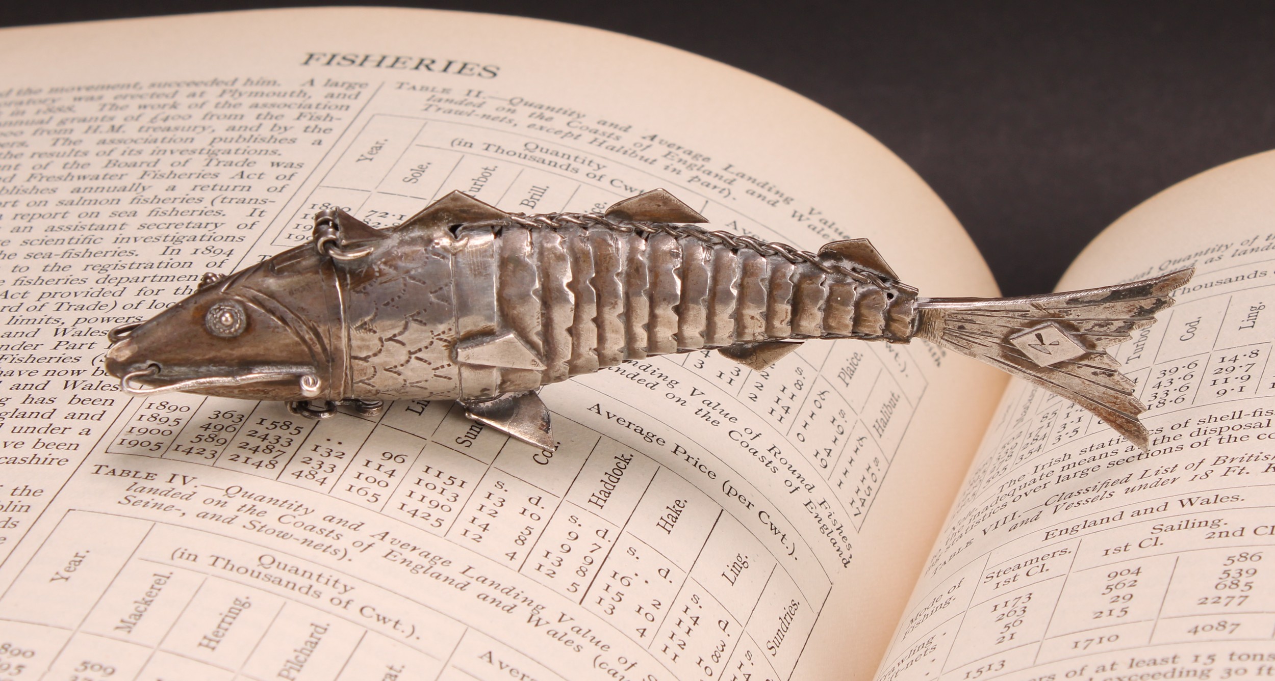 An early 20th century silver coloured metal novelty etui, as an articulated fish, 13cm long