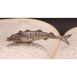 An early 20th century silver coloured metal novelty etui, as an articulated fish, 13cm long