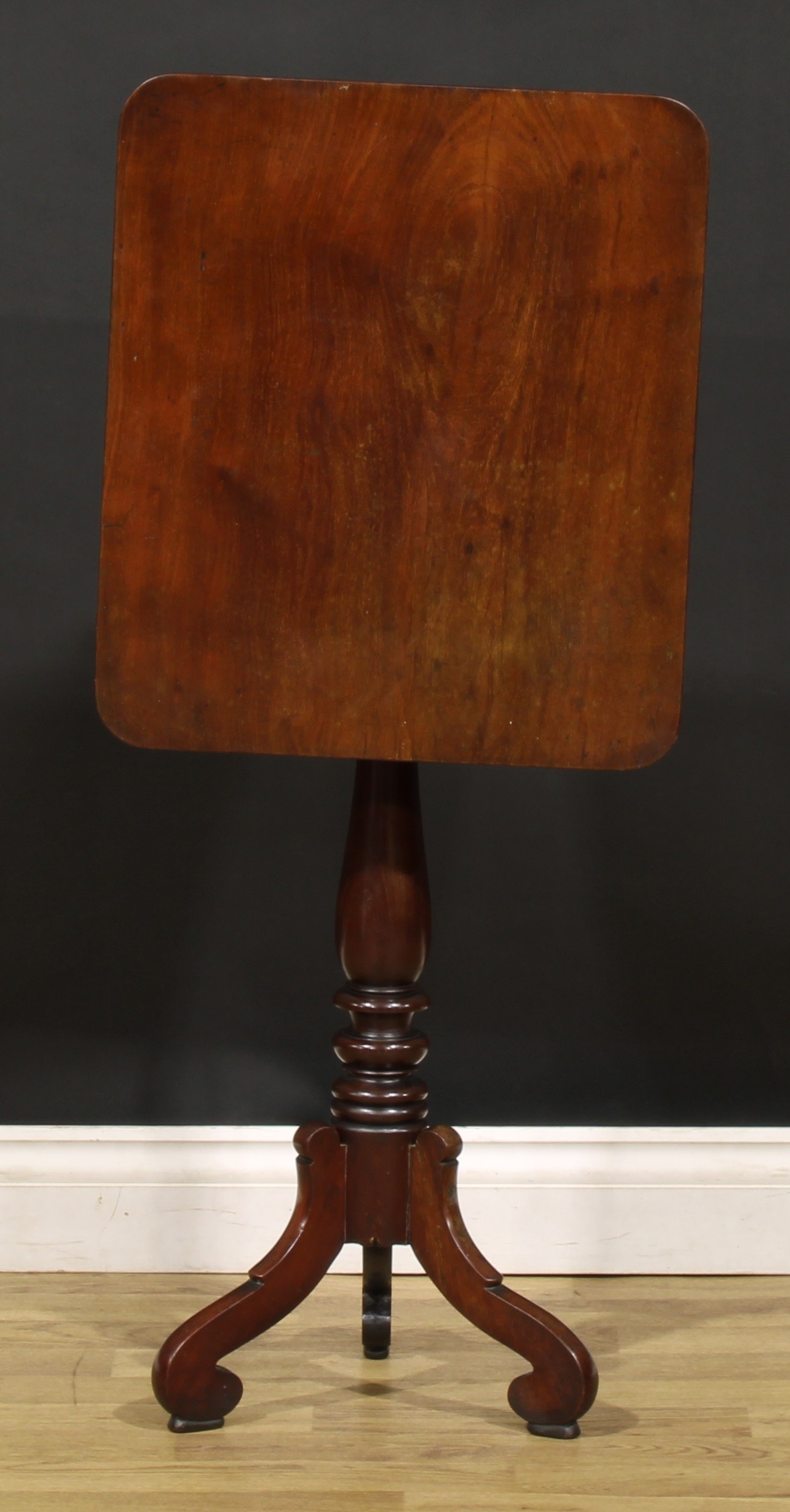 An early Victorian mahogany tripod occasional table, rounded rectangular tilting top, turned column, - Image 3 of 4