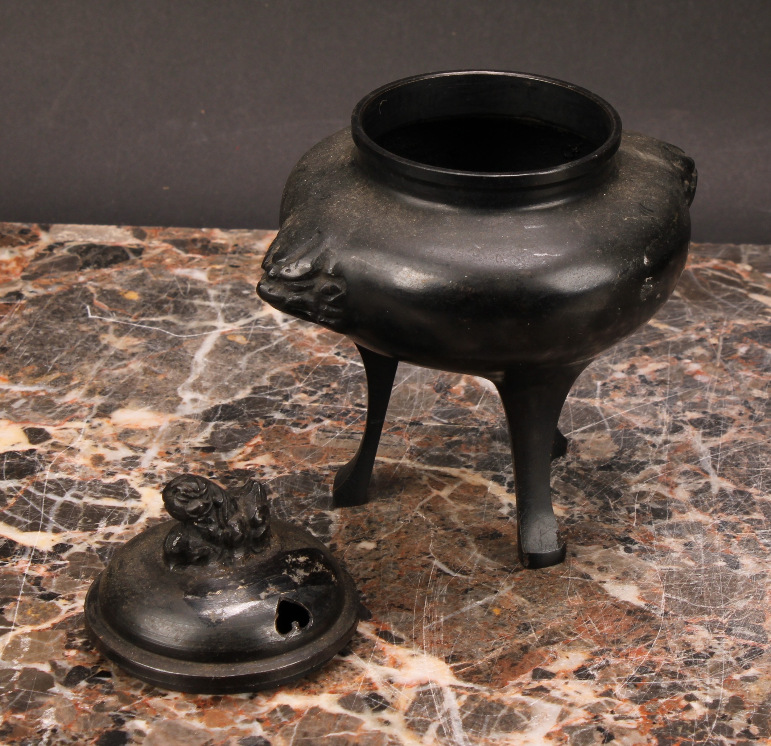 A Japanese bronze tripod koro, 14cm high; a Japanese cast iron chagama, 17cm high (2) - Image 4 of 6