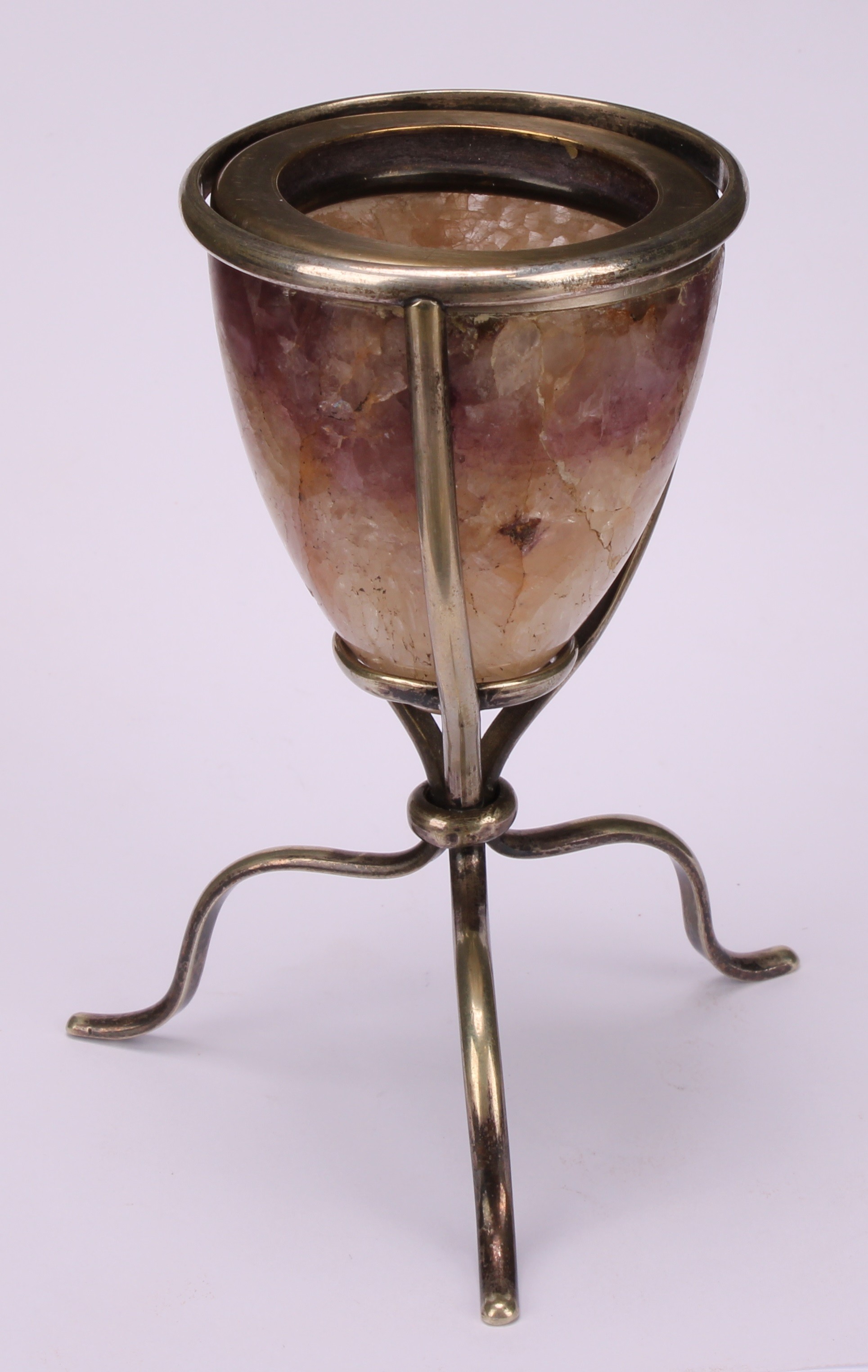 A Derbyshire Blue John egg shaped specimen vase, silver plated tripod stand, 11cm high, 19th century - Image 3 of 5