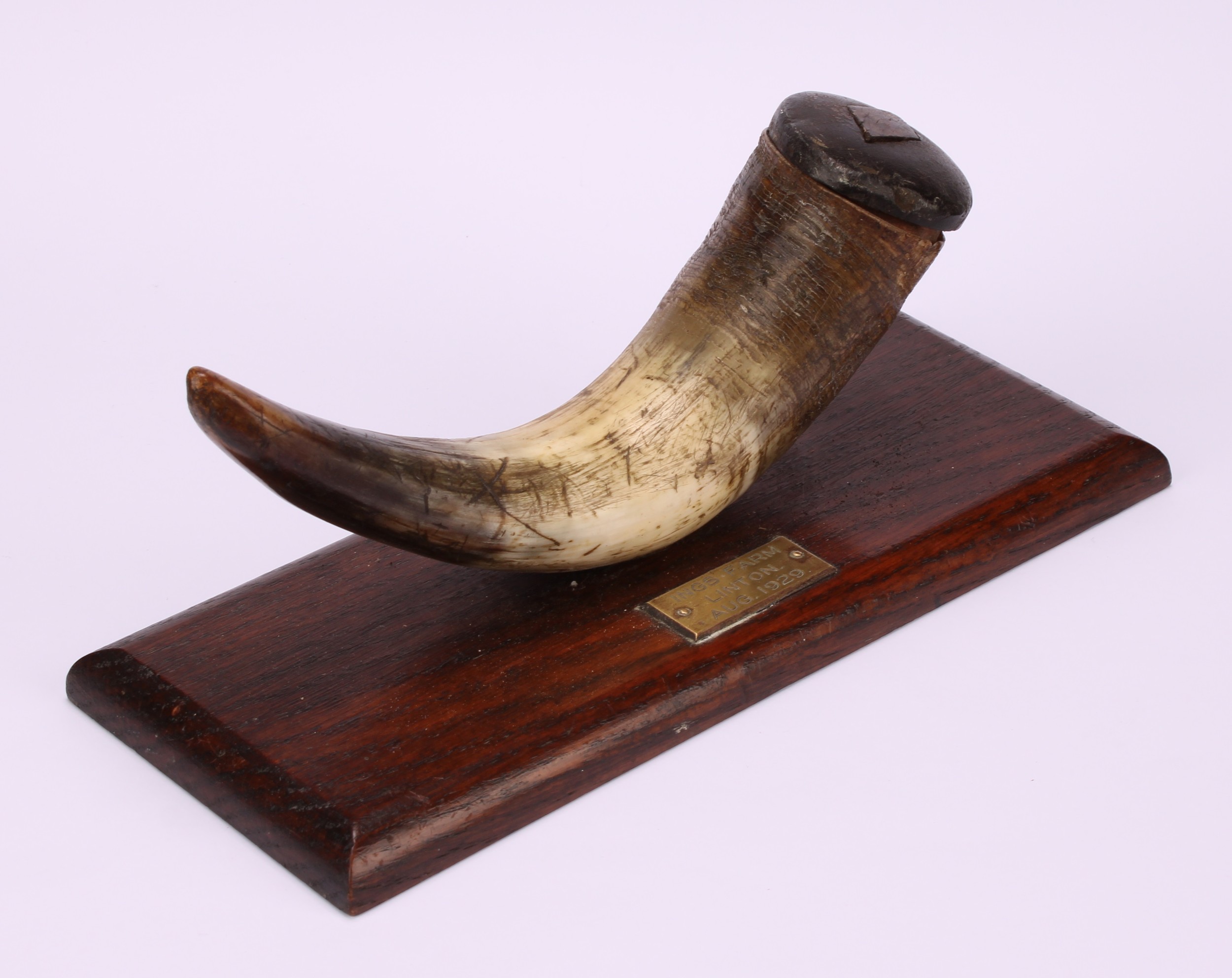 An early 20th century cattle horn table snuff box or mull, push-fitting cover, the rectangular oak - Image 3 of 3