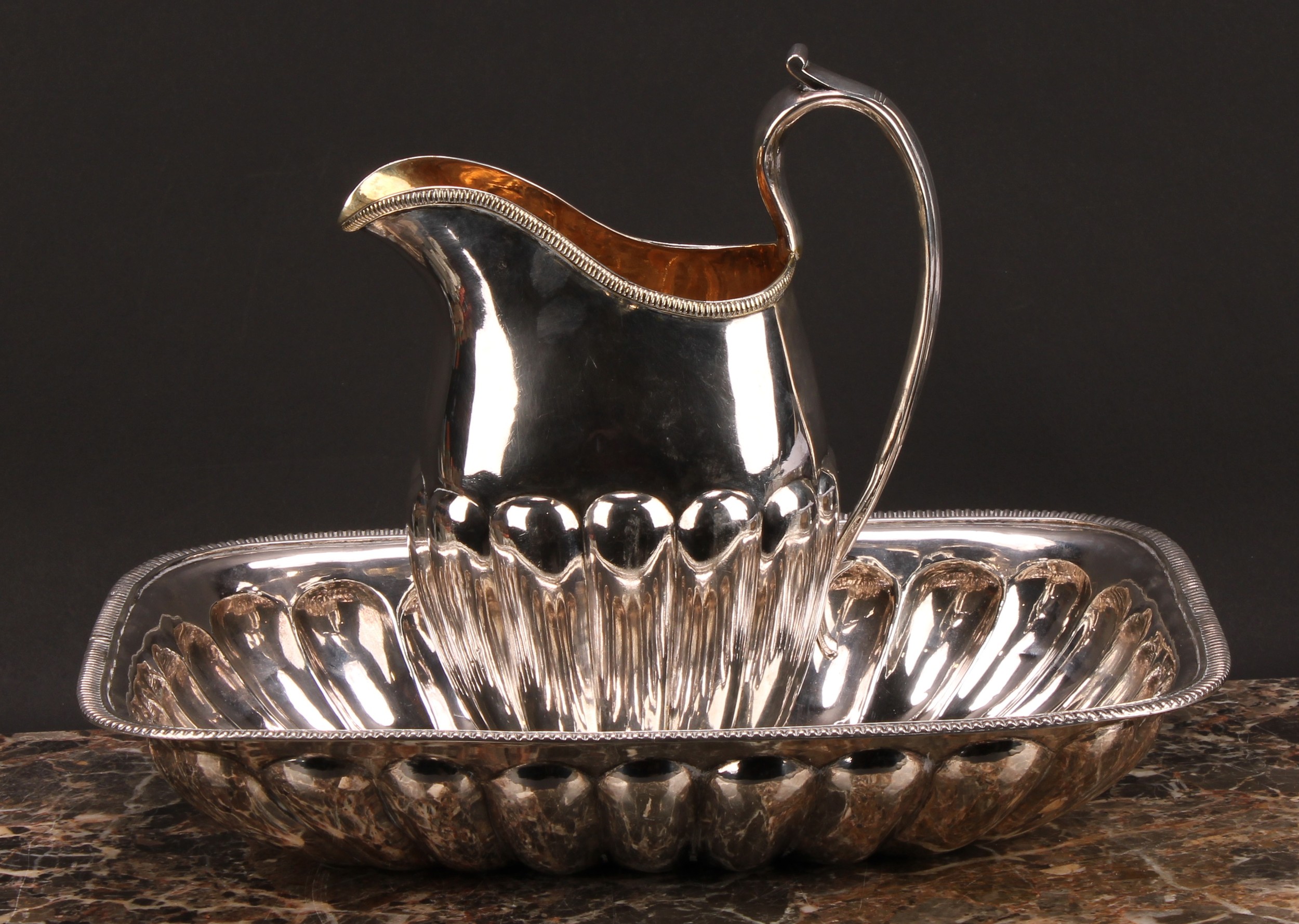 A 19th century Russian silver half-fluted rectangular ewer and basin, gadrooned borders, gilt - Image 2 of 7