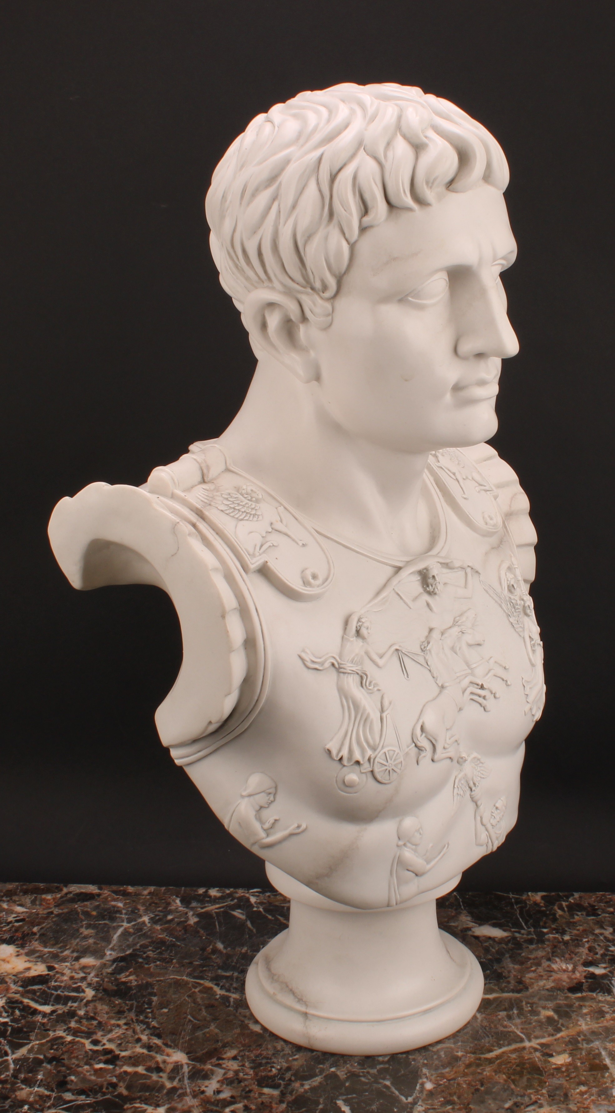A Grand Tour style reconstituted marble library bust, Gaius Julius Caesar Augustus, waisted socle, - Image 3 of 4