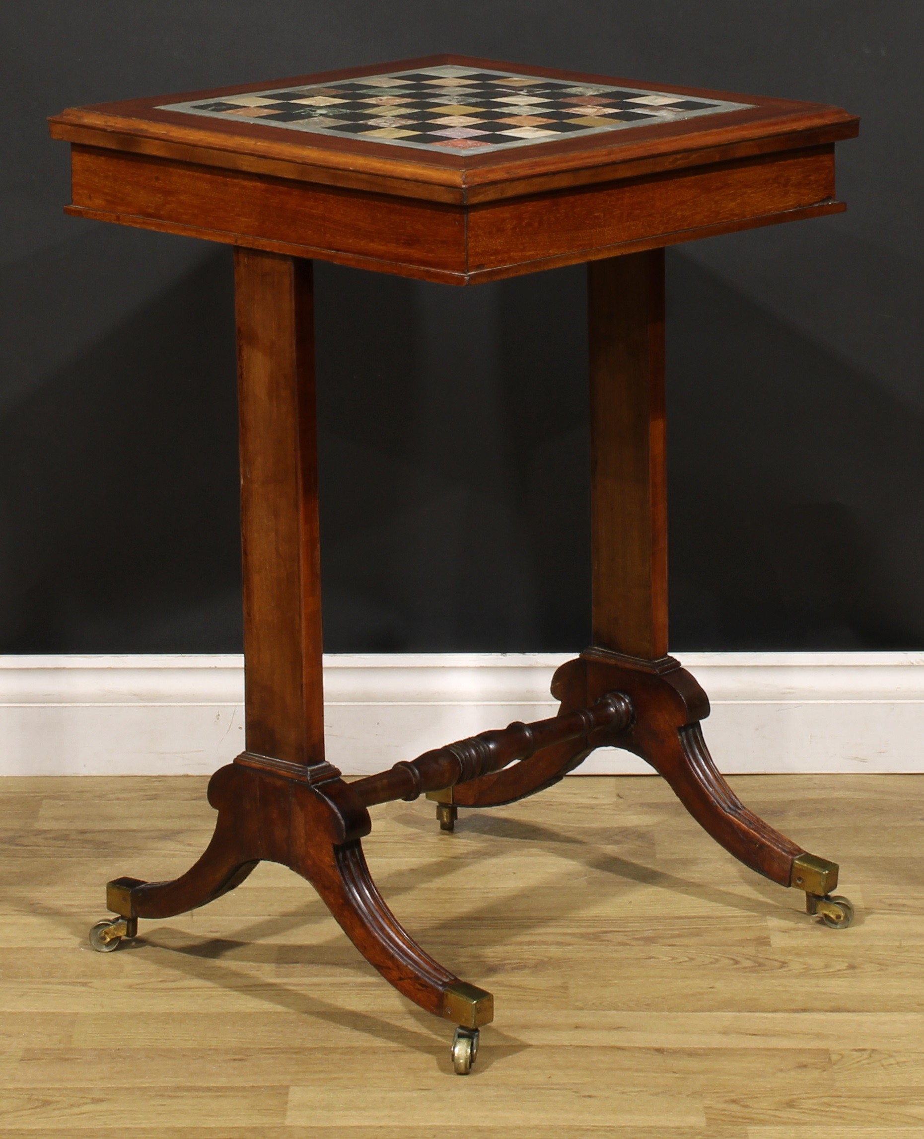 A 19th century mahogany and specimen marble games table, square top with moulded edge and inset - Image 2 of 5