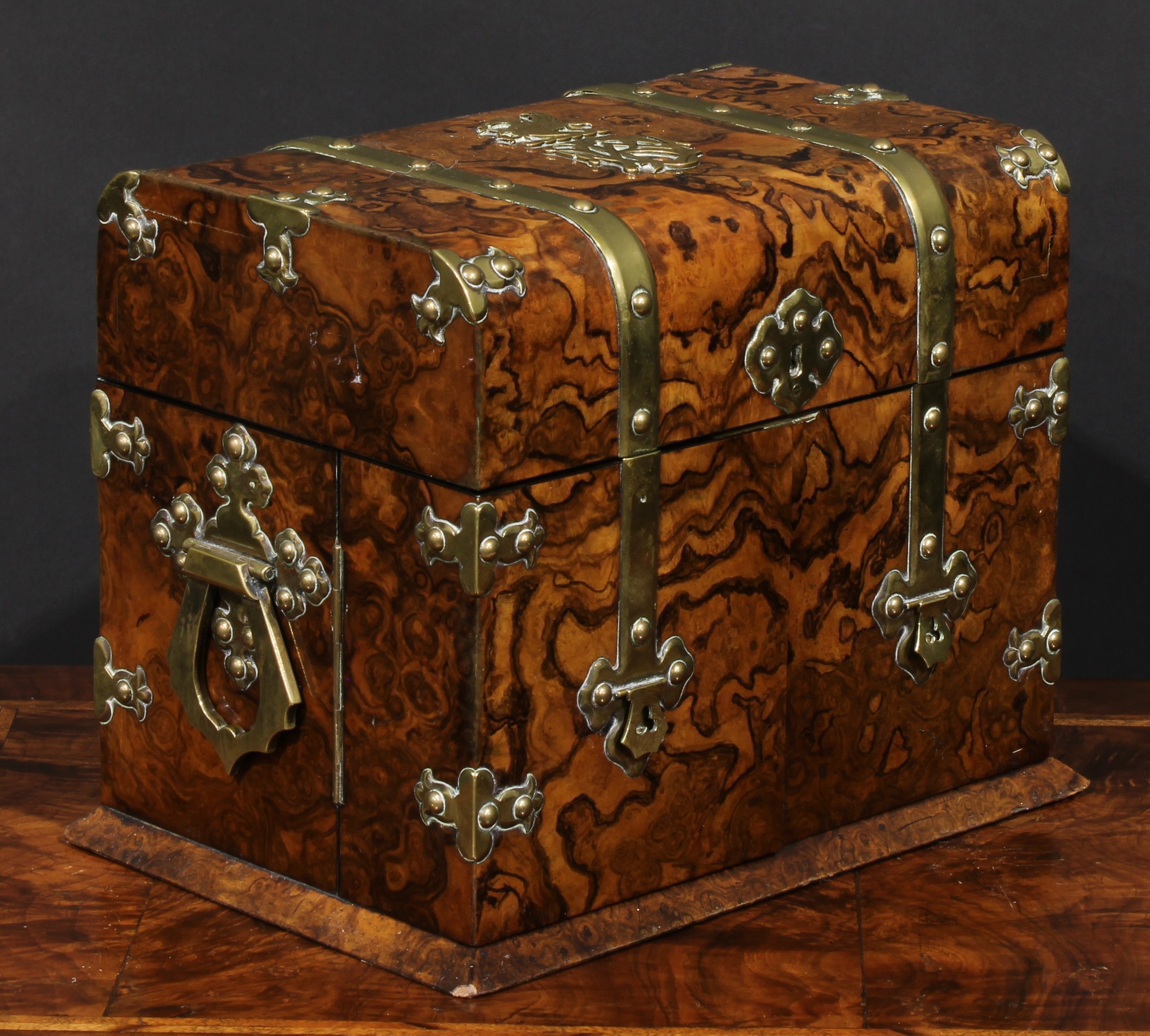 A Victorian brass mounted walnut rectangular liquor chest, the mounts cast in the Gothic manner, - Image 4 of 4