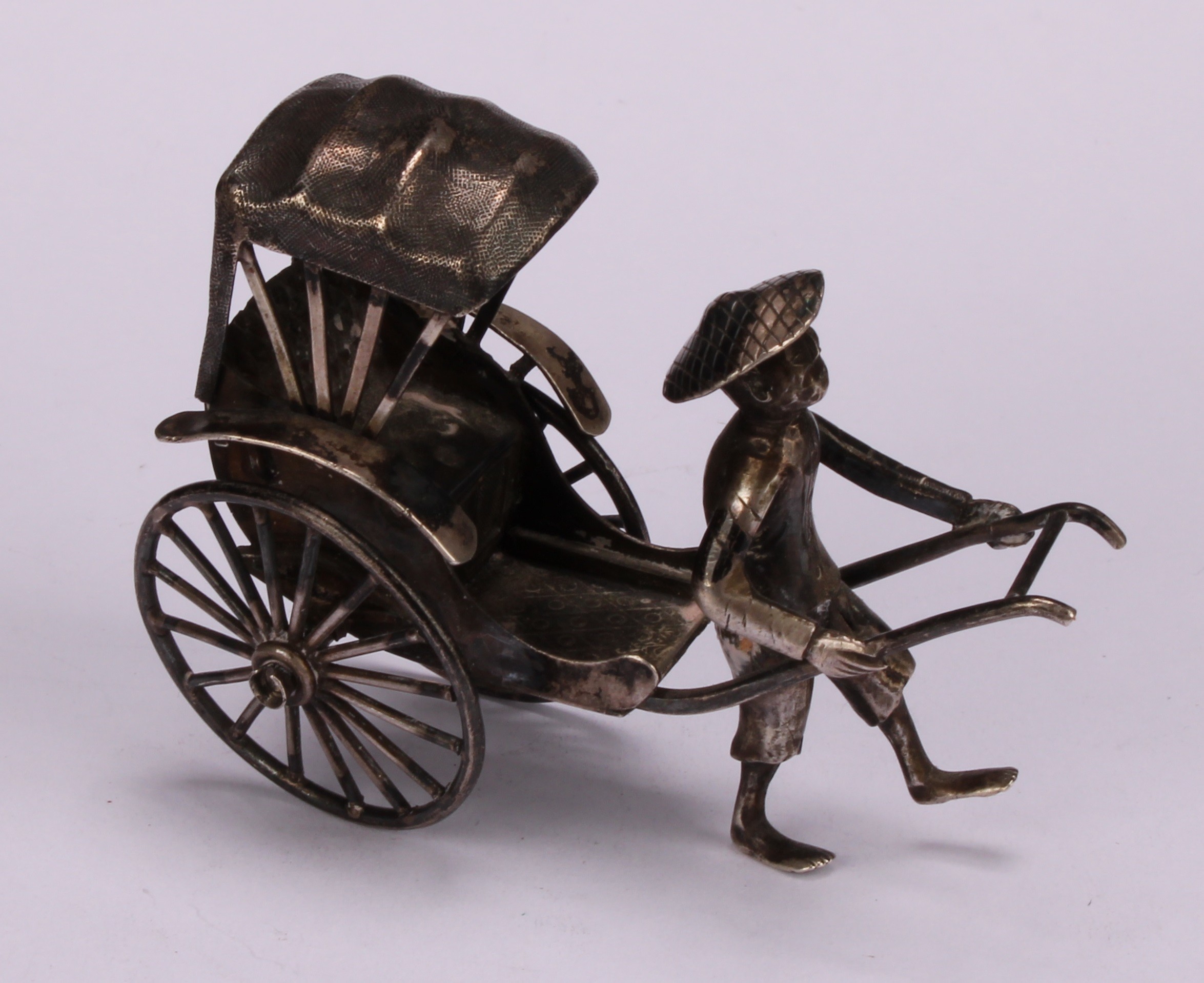 A Chinese silver miniature model, of a rickshaw, 7cm long, Wang Hing & Co, Hong Kong, c.1910; others - Image 6 of 8