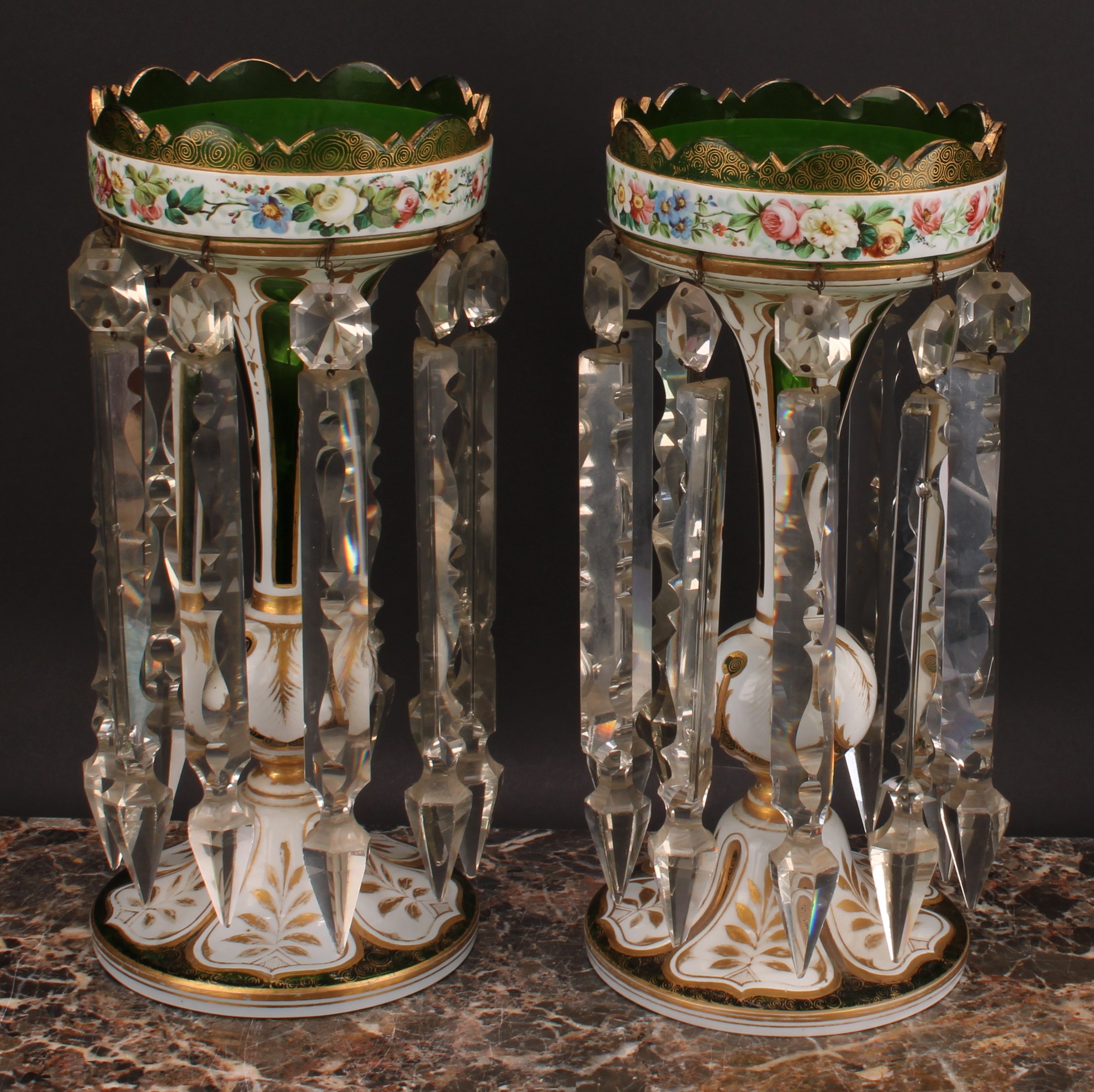 A pair of Bohemian overlaid glass mantel lustres, decorated in polychrome with flowers and picked - Image 2 of 3