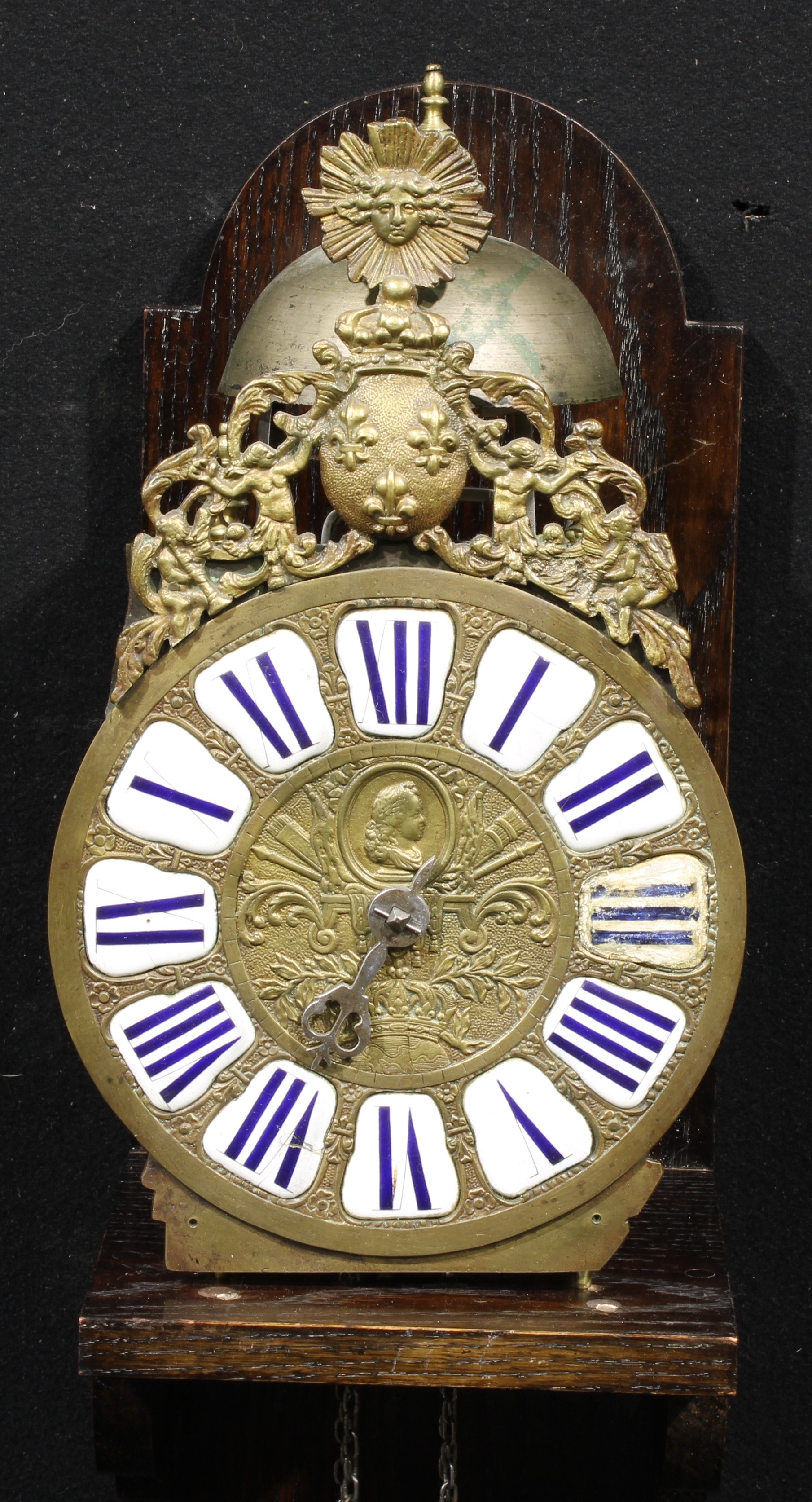 An 18th century French brass lantern clock, 22cm circular dial applied with Roman numerals and - Image 2 of 3