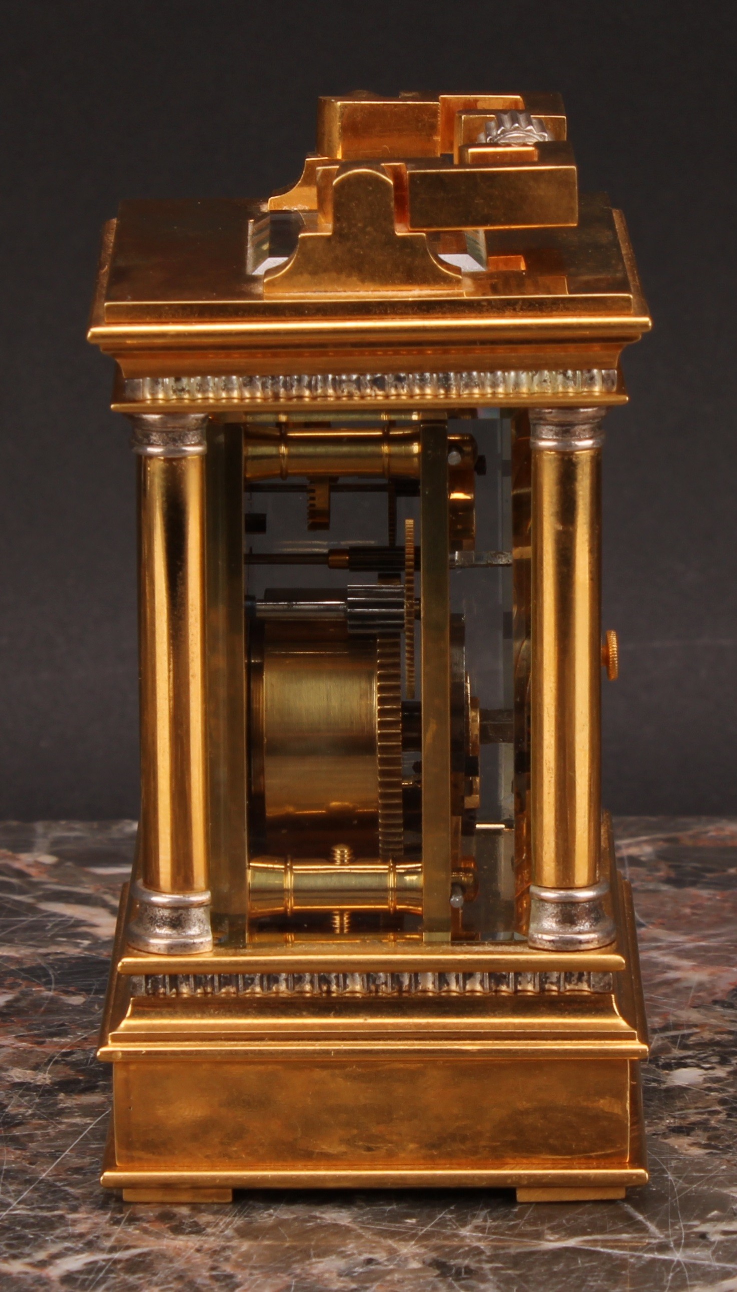 A French parcel-silvered gilt brass and champleve enamel miniature carriage timepiece, 3cm clock - Image 5 of 7