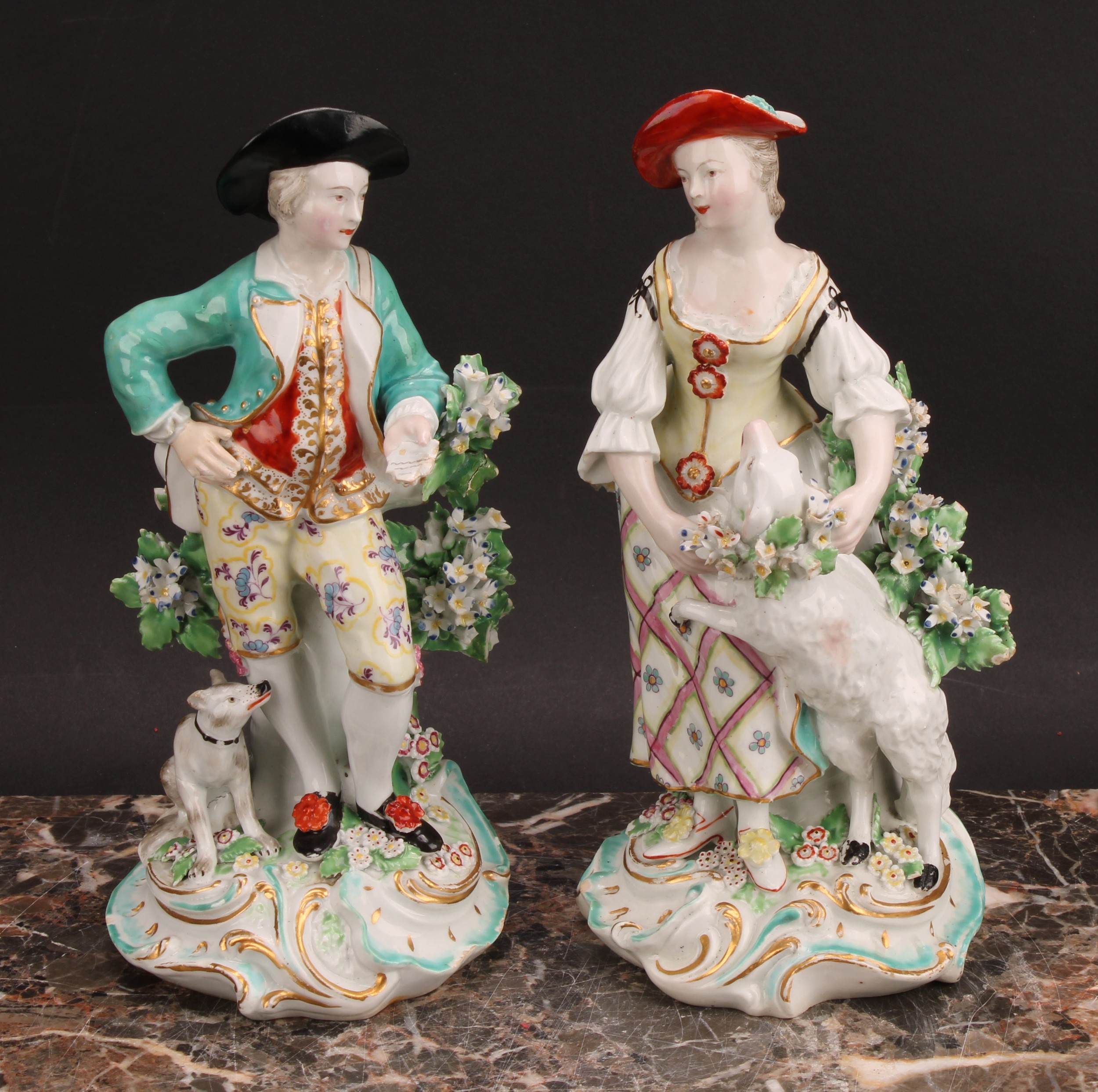 A pair of Derby figures, The Garland Shepherds, he wearing a broad brimmed black hat, turquoise - Image 2 of 10