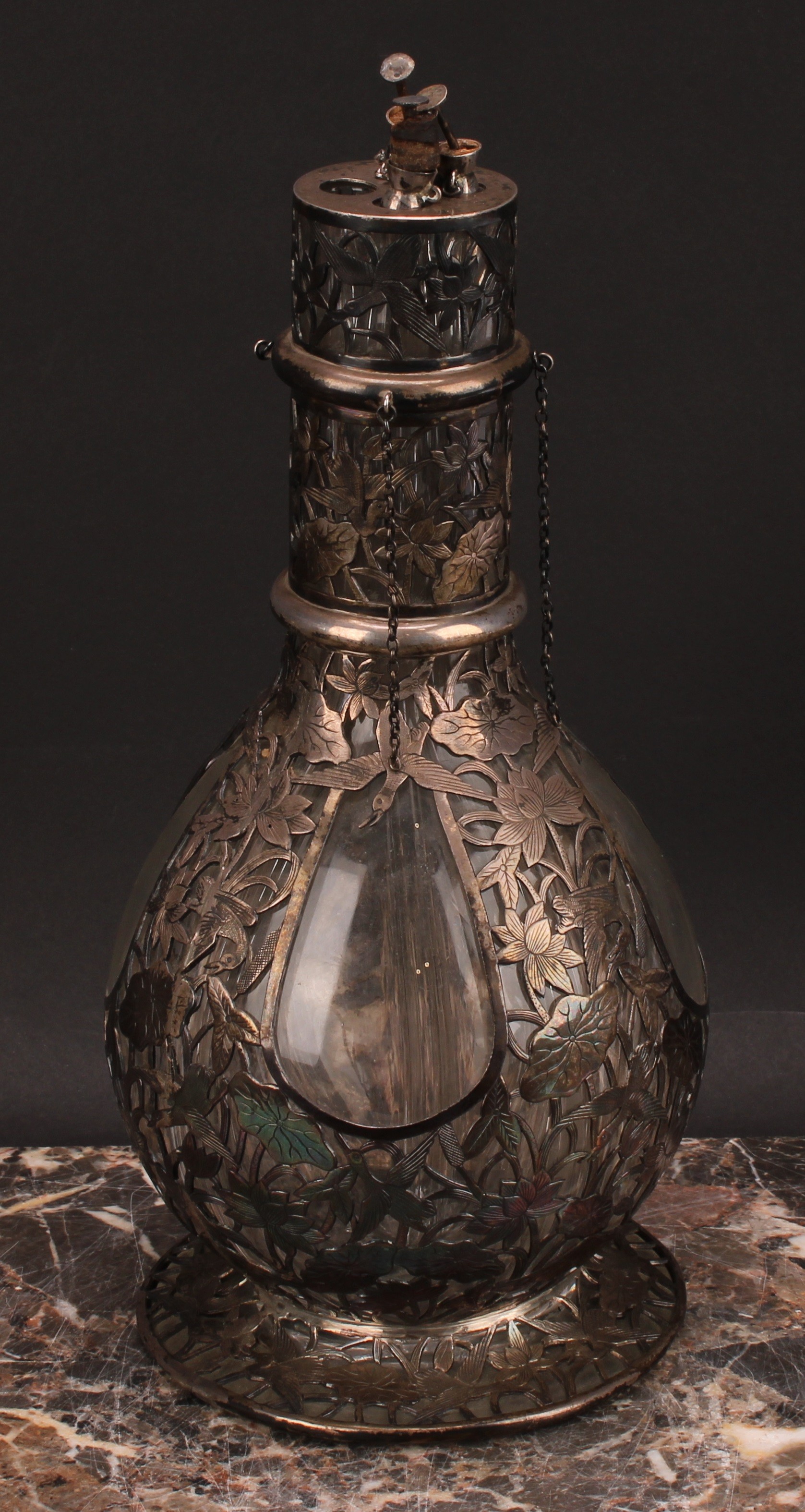 A Chinese silver mounted four-section decanter, the fittings pierced and engraved with with water - Image 2 of 3