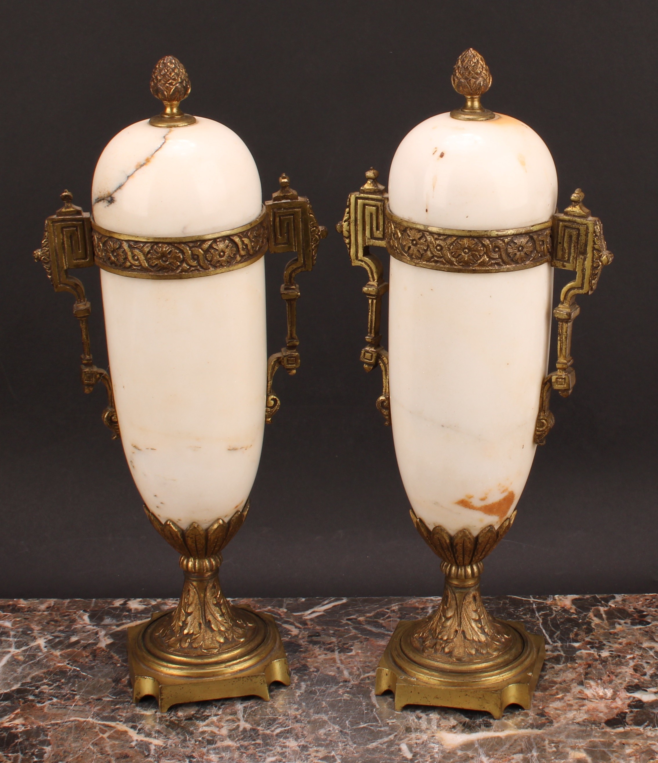 A pair of French gilt metal mounted marble mantel urns, 33cm high, first-half 20th century - Image 2 of 6