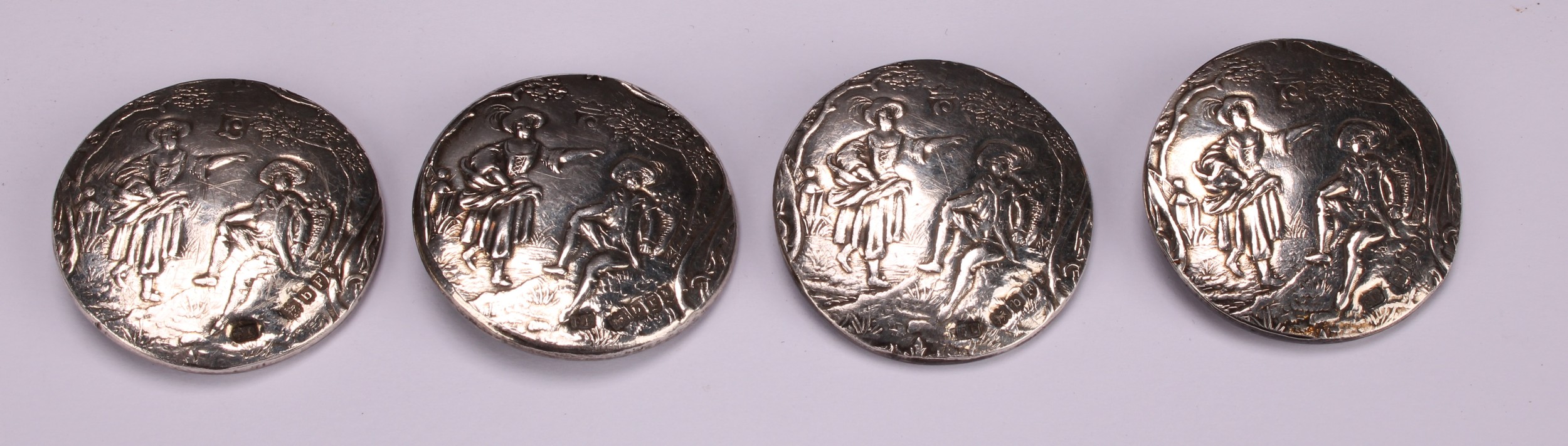 A set of four Continental silver buttons, chased with courting couples, 3.5cm diam, import marks for - Image 2 of 4