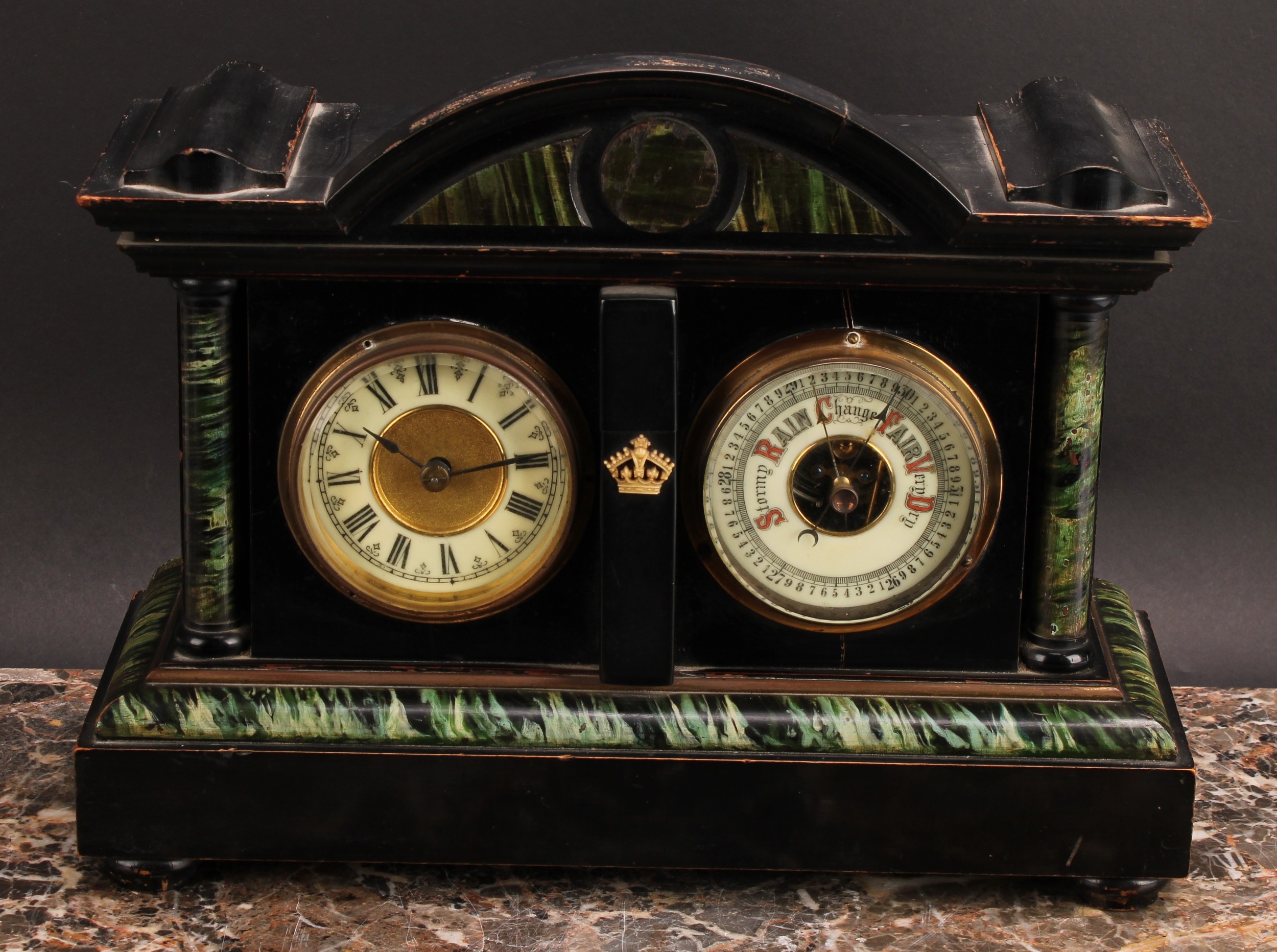 A late 19th century scumbled and ebonised combination mantel timepiece and aneroid barometer, 8cm