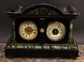 A late 19th century scumbled and ebonised combination mantel timepiece and aneroid barometer, 8cm