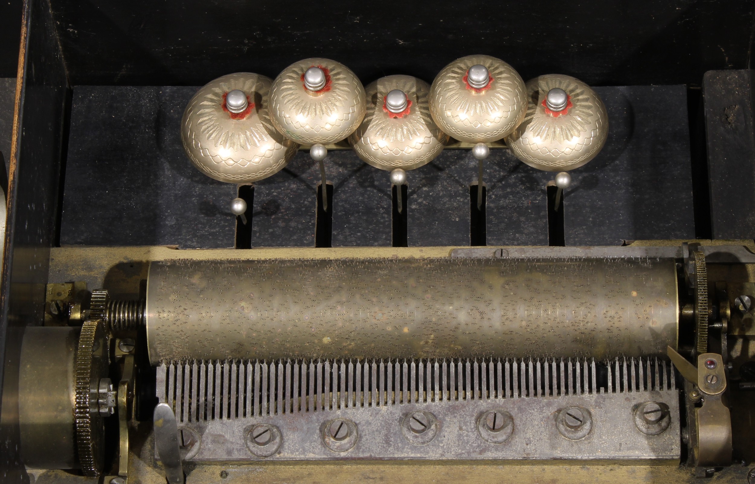 A large 19th century Swiss rosewood and marquetry rectangular bells-in-sight music box, the 23cm - Image 5 of 5