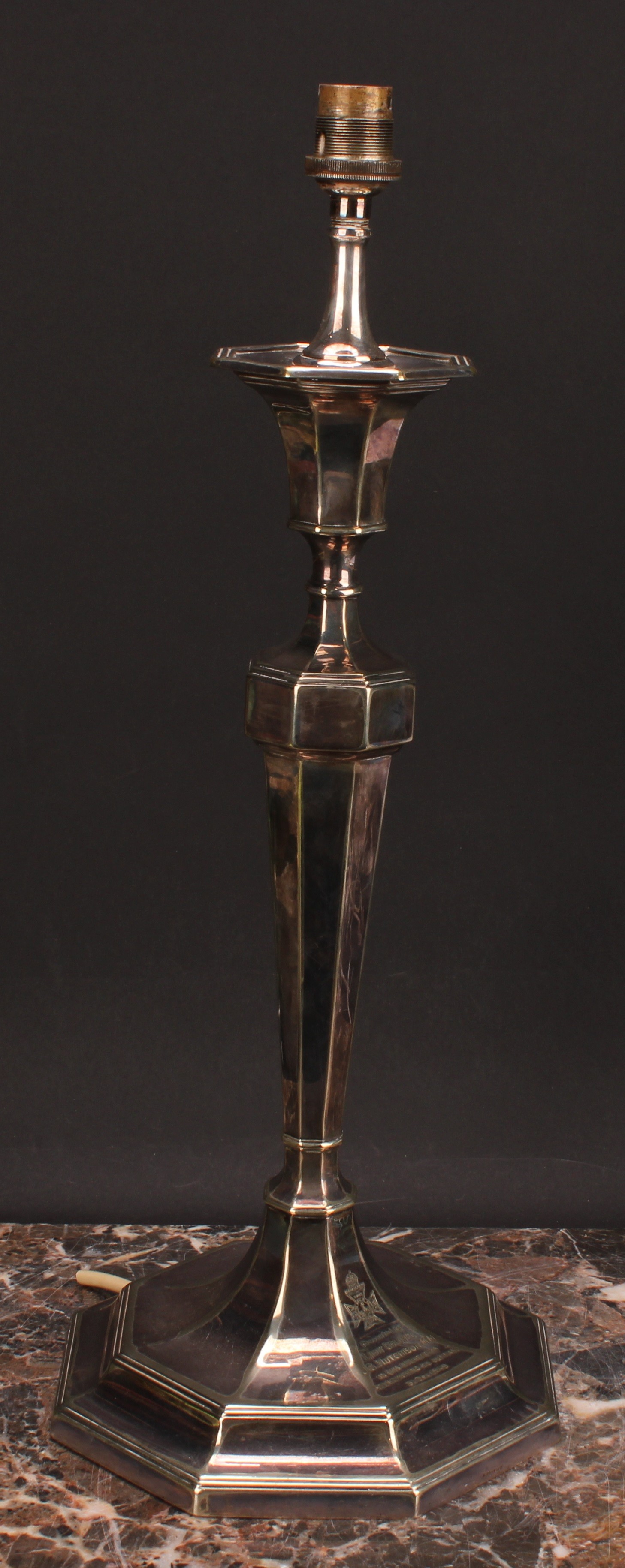 A Neo-Classical Revival E.P.N.S octagonal table lamp, of military interest, the spreading base - Image 3 of 4