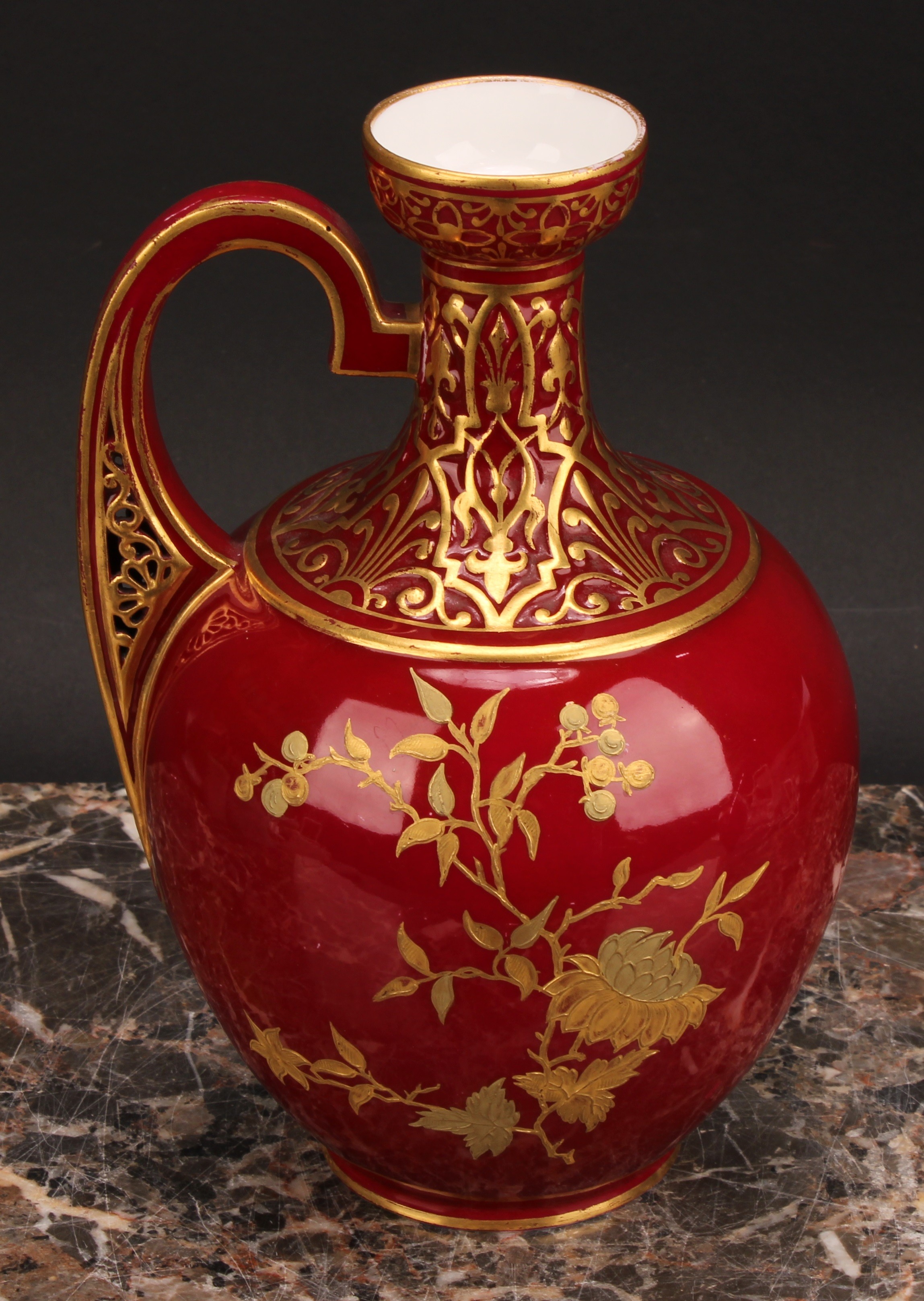 A Royal Crown Derby ovoid ewer, decorated in the Aesthetic manner, with raised gilt flowers on a red - Image 3 of 8