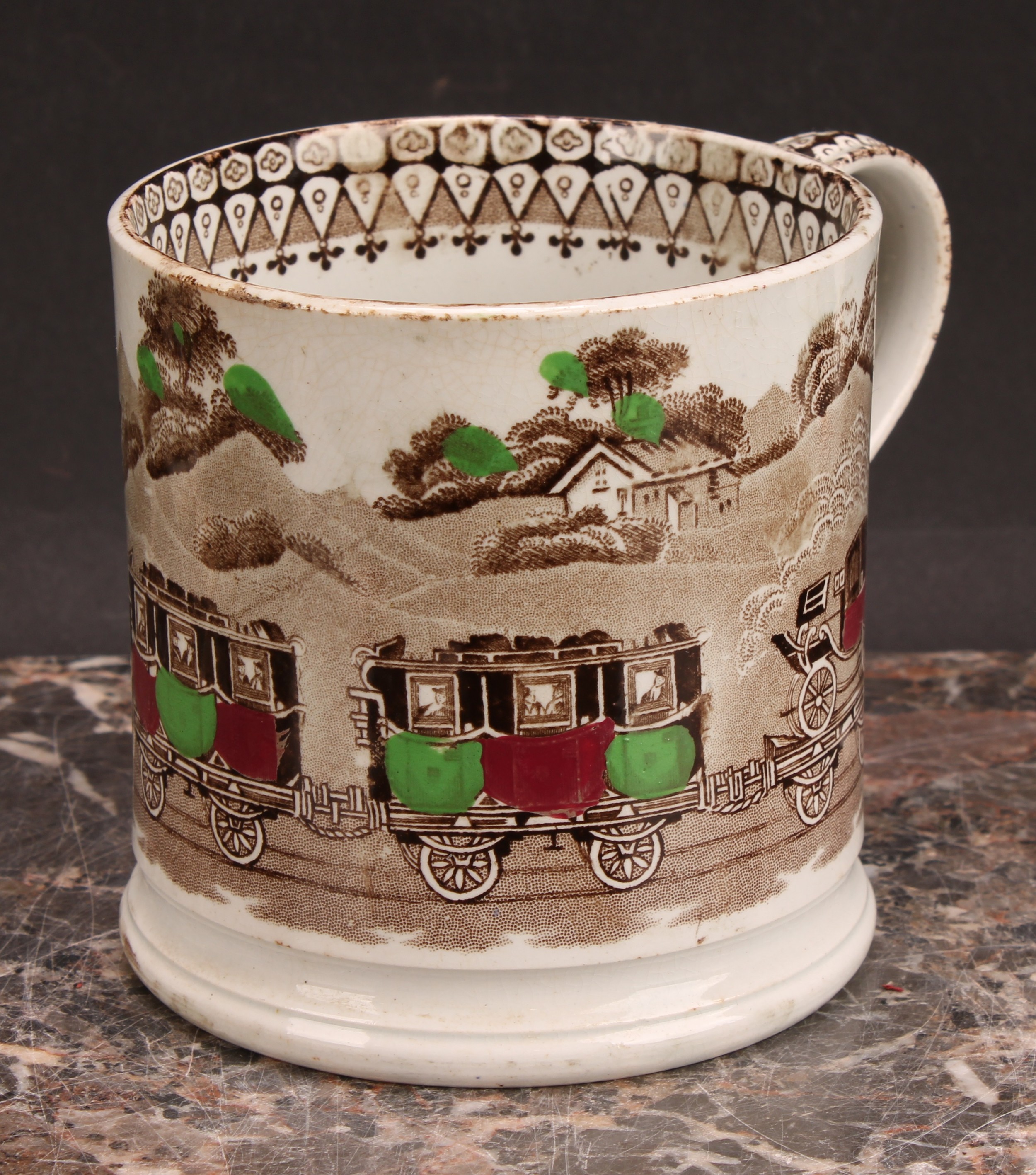Railway Interest - a 19th century Staffordshire pearlware mug, printed in sepia tones, picked out in - Image 4 of 10