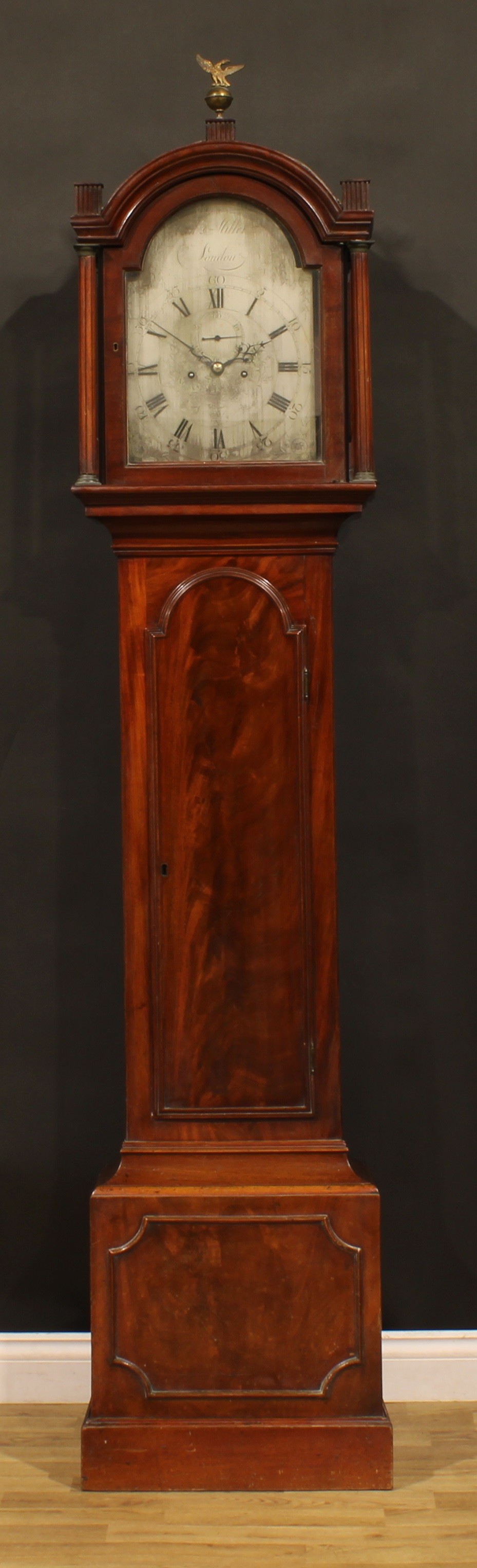 A George III mahogany longcase clock, 30cm arched silvered dial inscribed Fredk Miller (Frederick