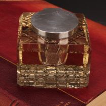 A Victorian silver mounted inkwell, hinged cover, hobnail-cut base, 9cm wide, John Grinsell &