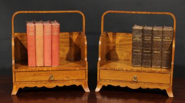 A pair of Sheraton Revival satinwood book carriers, each with arched handle and shaped three-quarter