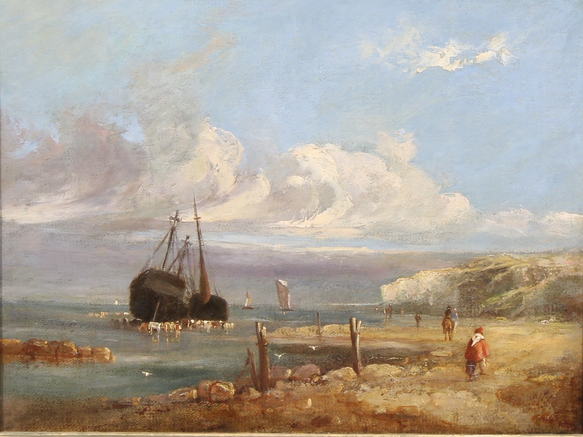 John H Wilson (1774-1855), Unloading at Low Tide, probably Dover, named to mount, oil on canvas,