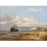 John H Wilson (1774-1855), Unloading at Low Tide, probably Dover, named to mount, oil on canvas,