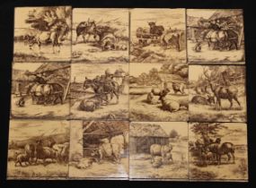 A harlequin set of twelve transferware tiles, after William Wise, eight moulded to verso MINTONS