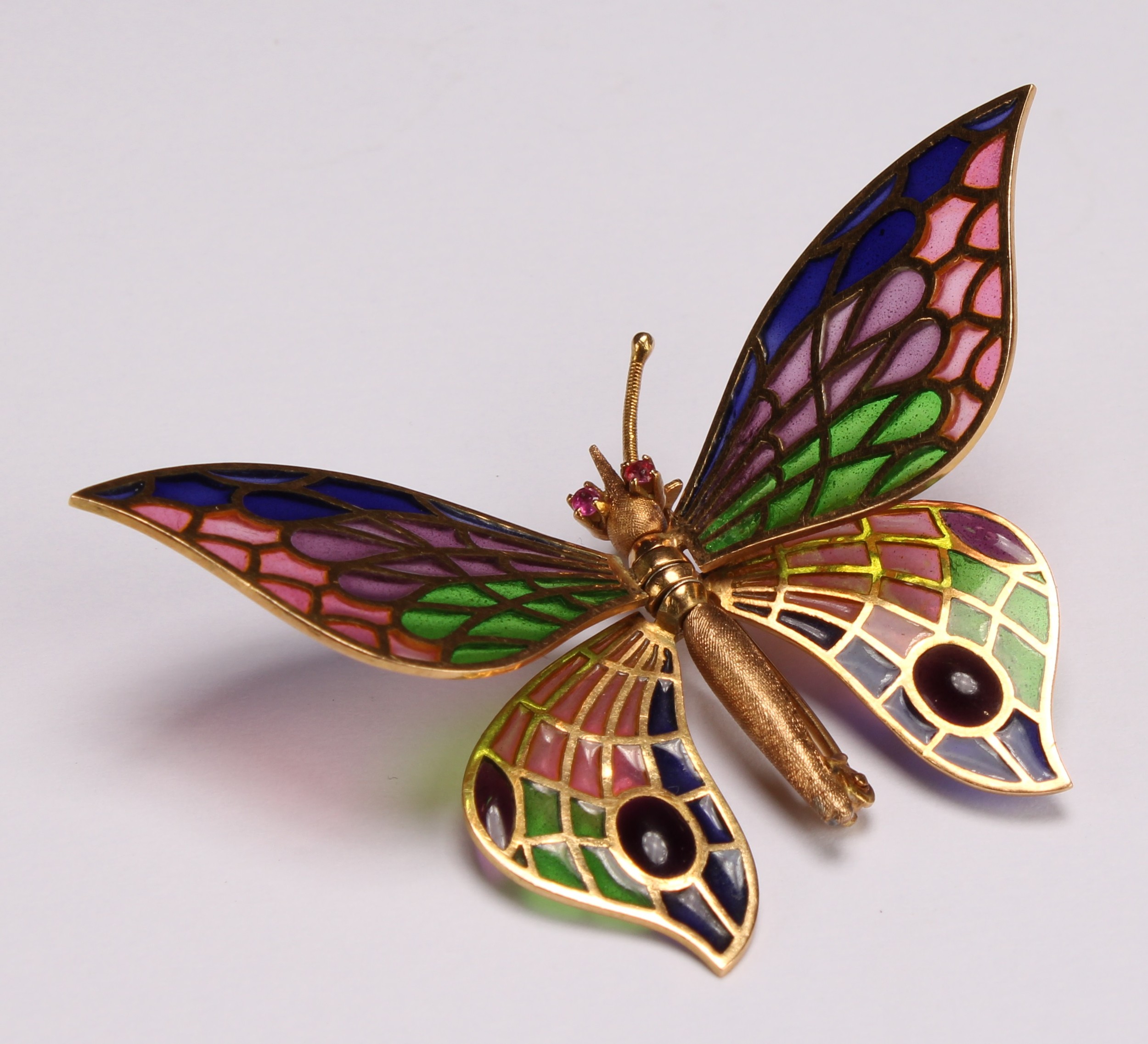 An 18ct gold and pique a jour enamel insect brooch as a butterfly, The head set with two small round - Image 3 of 7