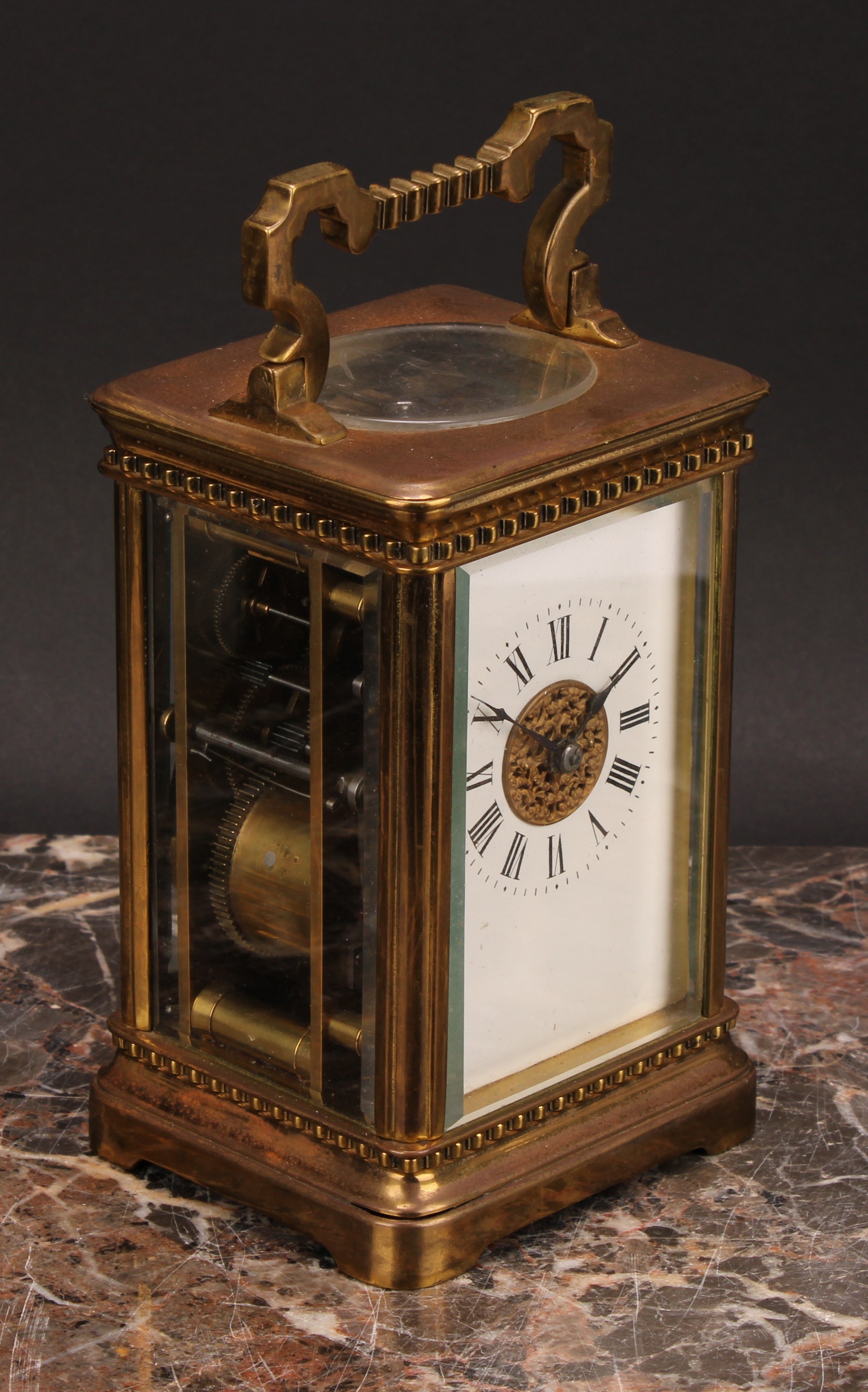An early 20th century lacquered brass carriage clock, 6cm rectangular enamel dial inscribed with - Image 2 of 7