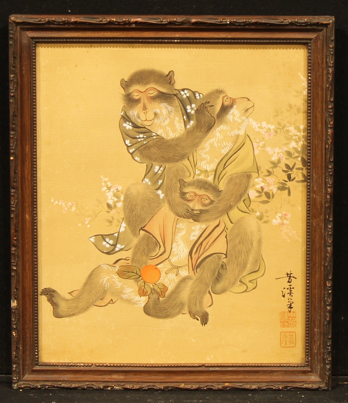 Horyu (Japanese, Meiji Period) Monkeys signed, red seals, watercolour, 37.5cm x 30.5cm - Image 2 of 4