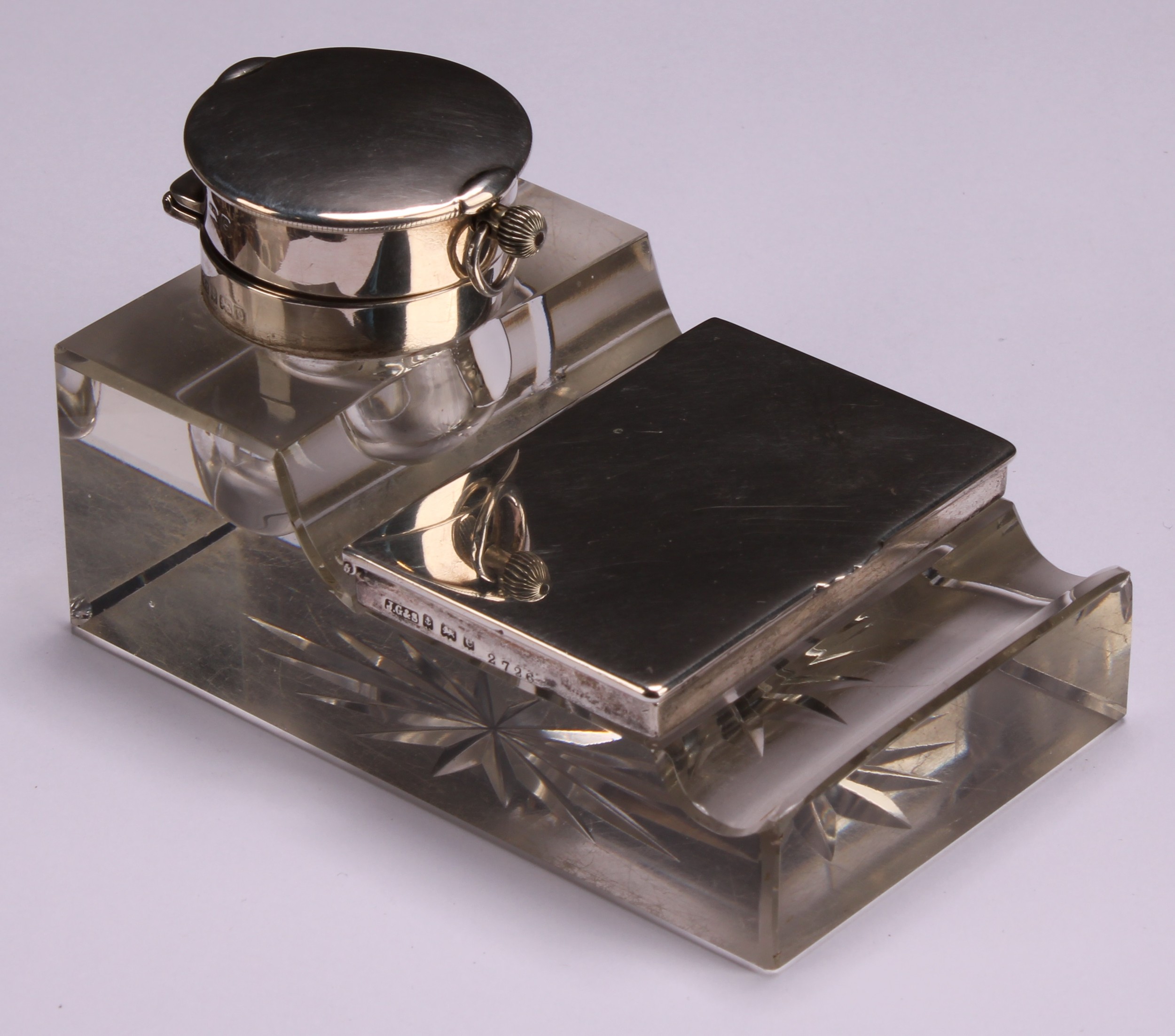 An Edwardian silver combination inkwell, stamp box and pocket watch holder, star-cut base, 11cm - Image 2 of 8