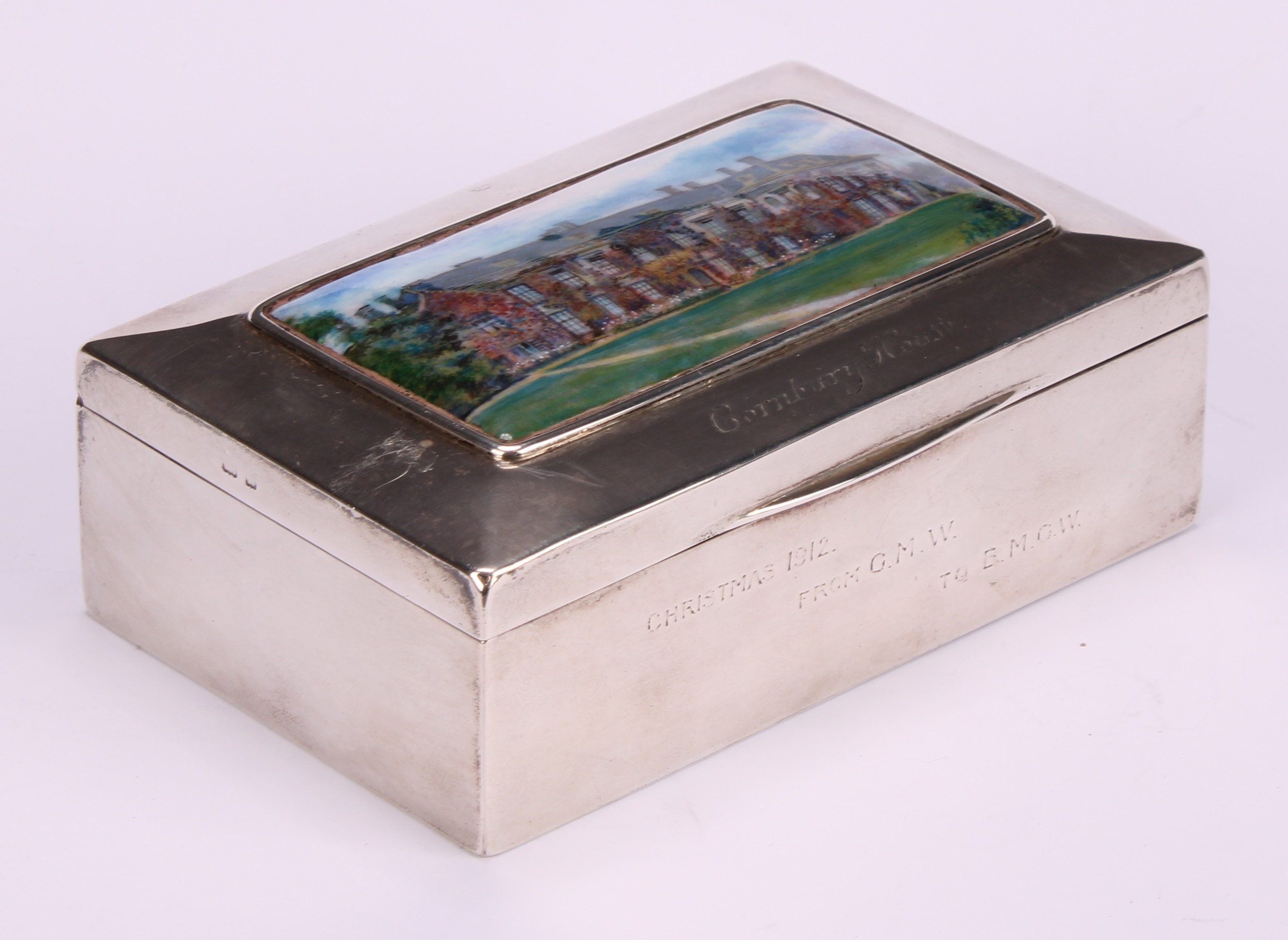 An Arts and Crafts silver and enamel rectangular box, hinged cover decorated with a named view of - Image 4 of 6