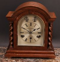 An early 20th century oak bracket clock, 14.5cm arched silvered dial inscribed A.MASON WILLIAMS &